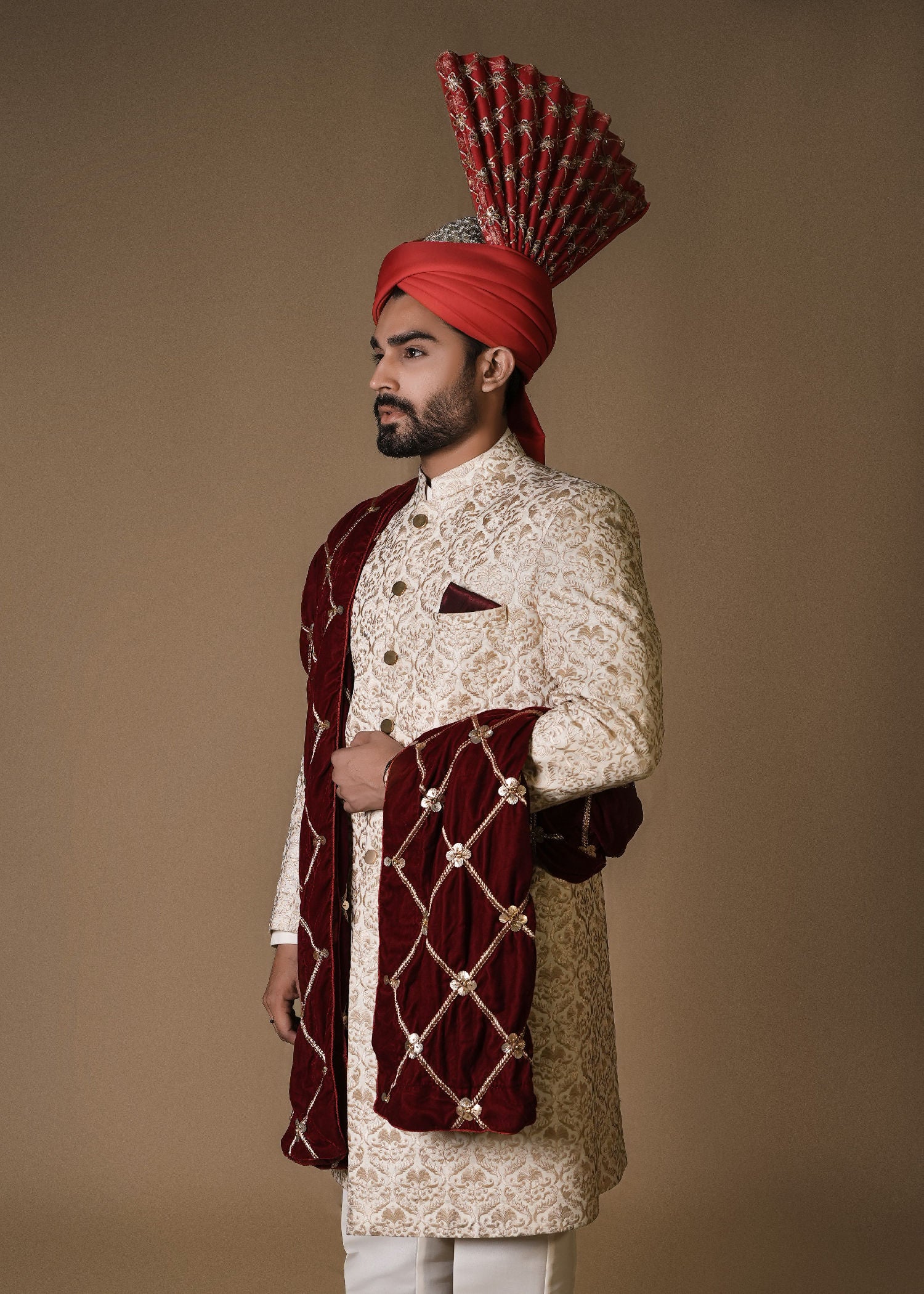 raw silk Sherwani in Cream