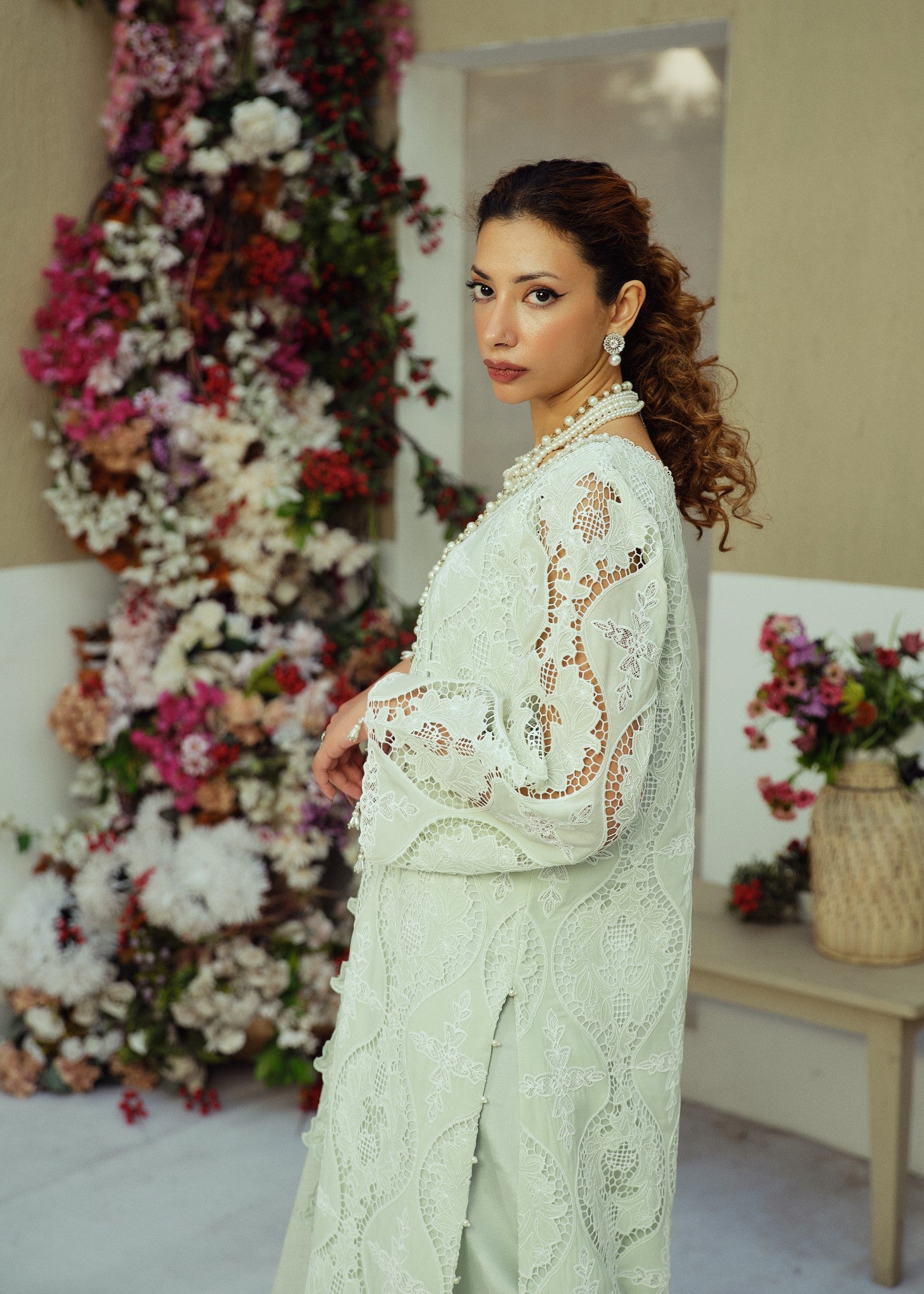schiffli Kurta Set in Tea green