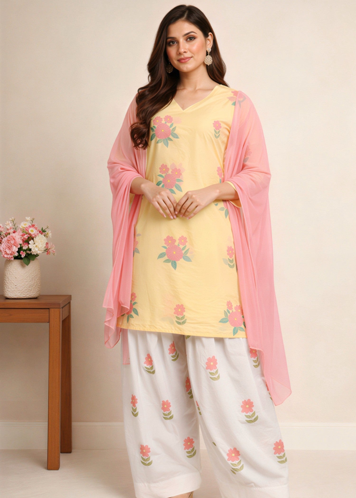 cotton Kurta Set in White, lemon