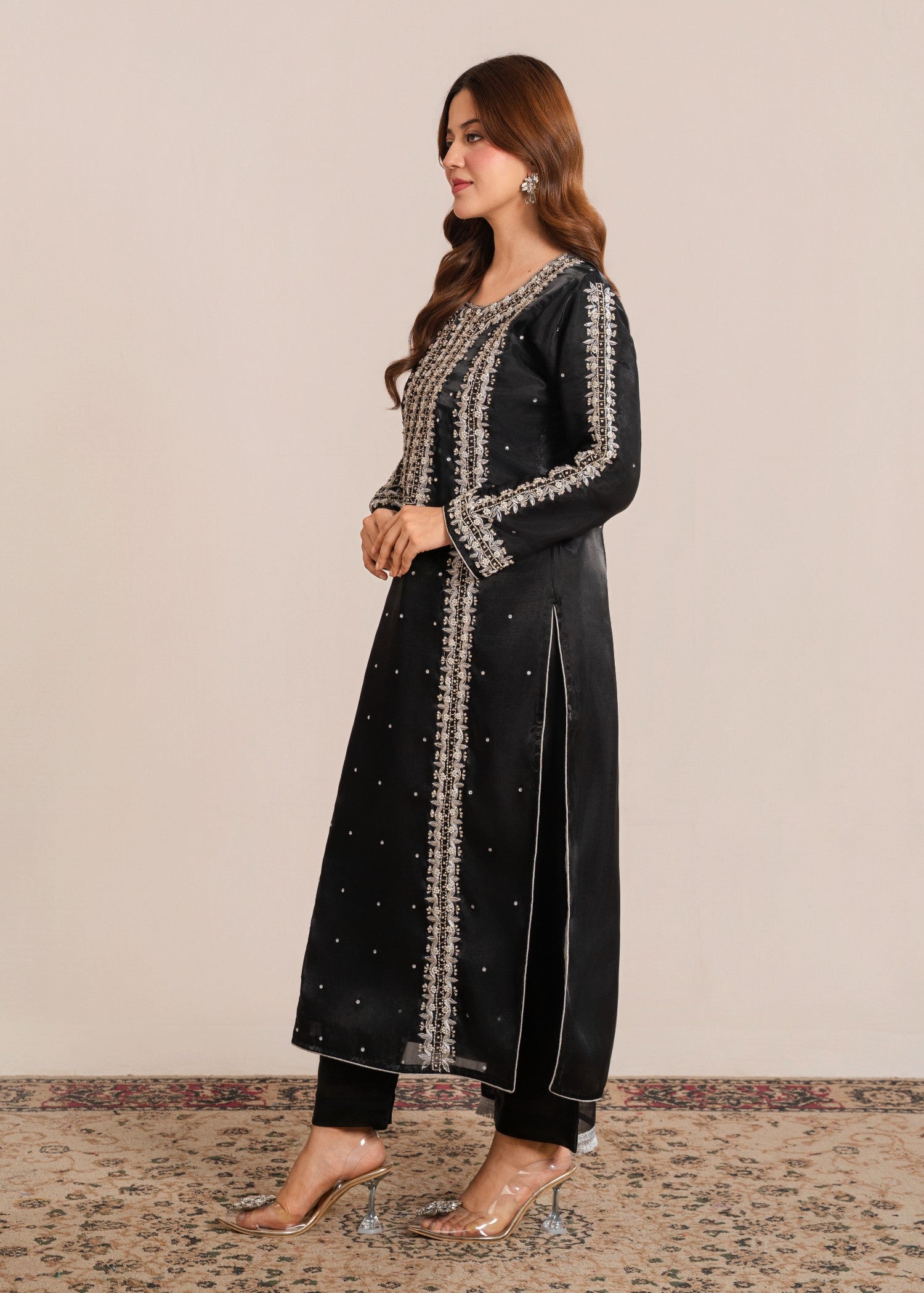 satin silk Kurta Set in Black