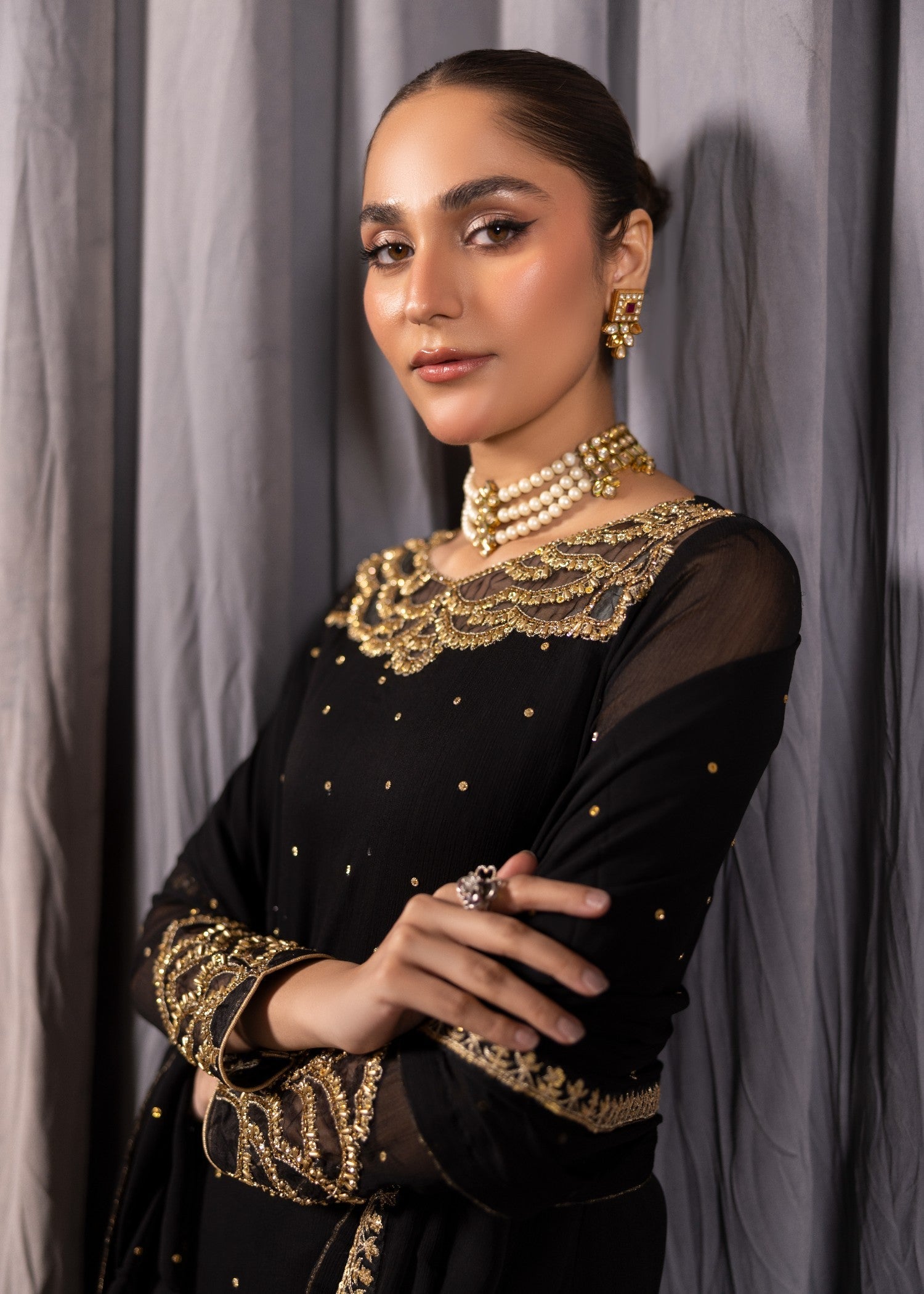 bemberg crinkle chiffon Kurta Set in Jet black