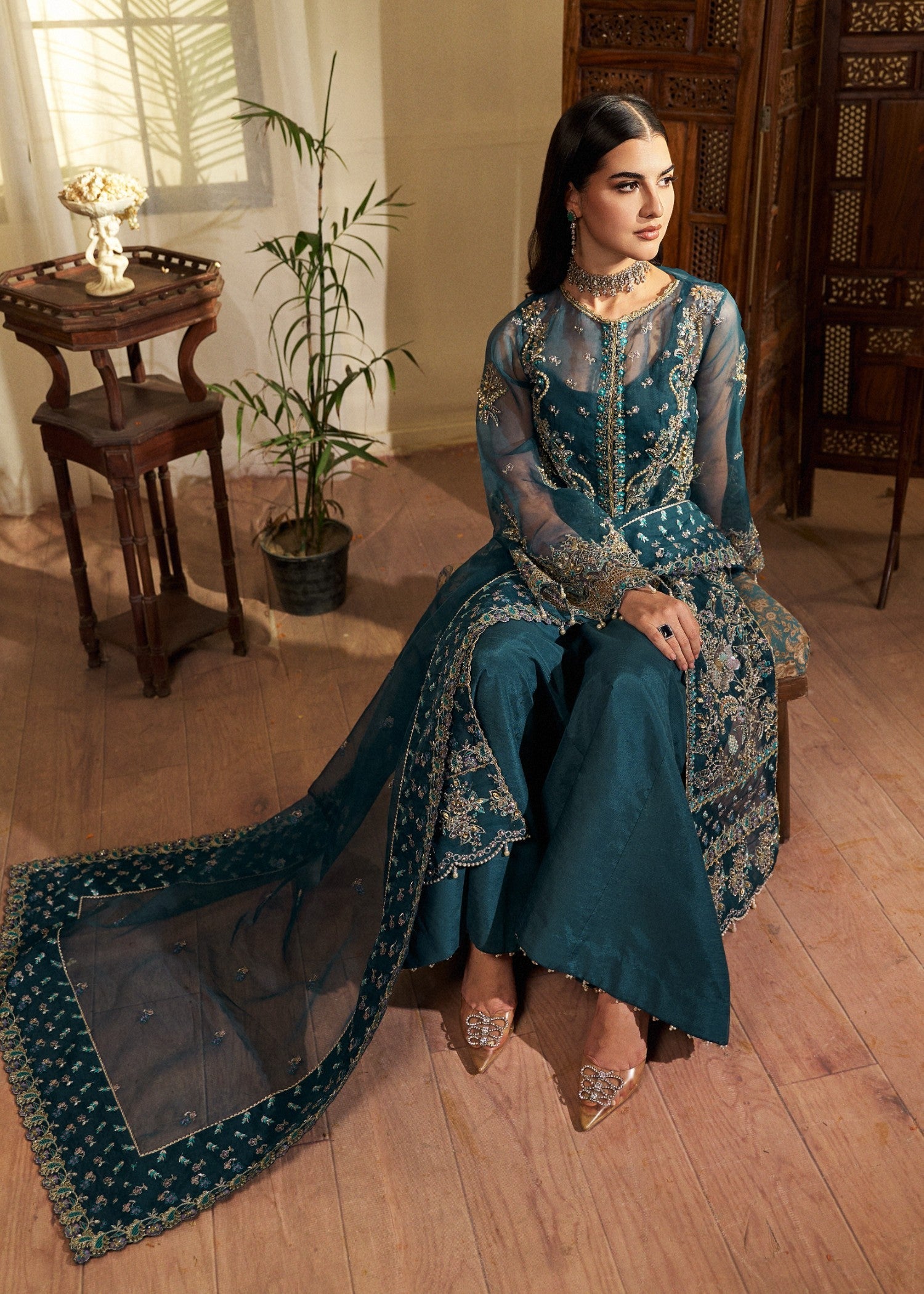 organza Unstitched in Teal
