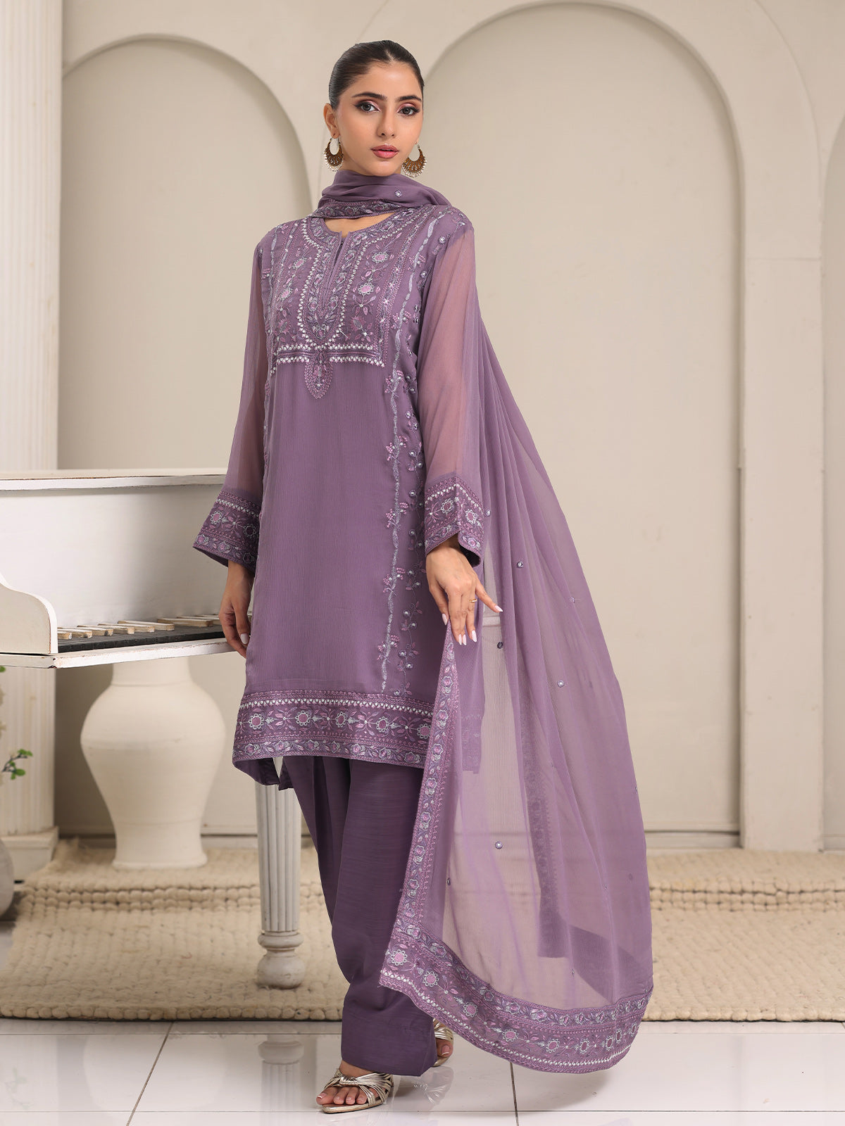 bemberg crinkle chiffon Kurta Set in Mauve
