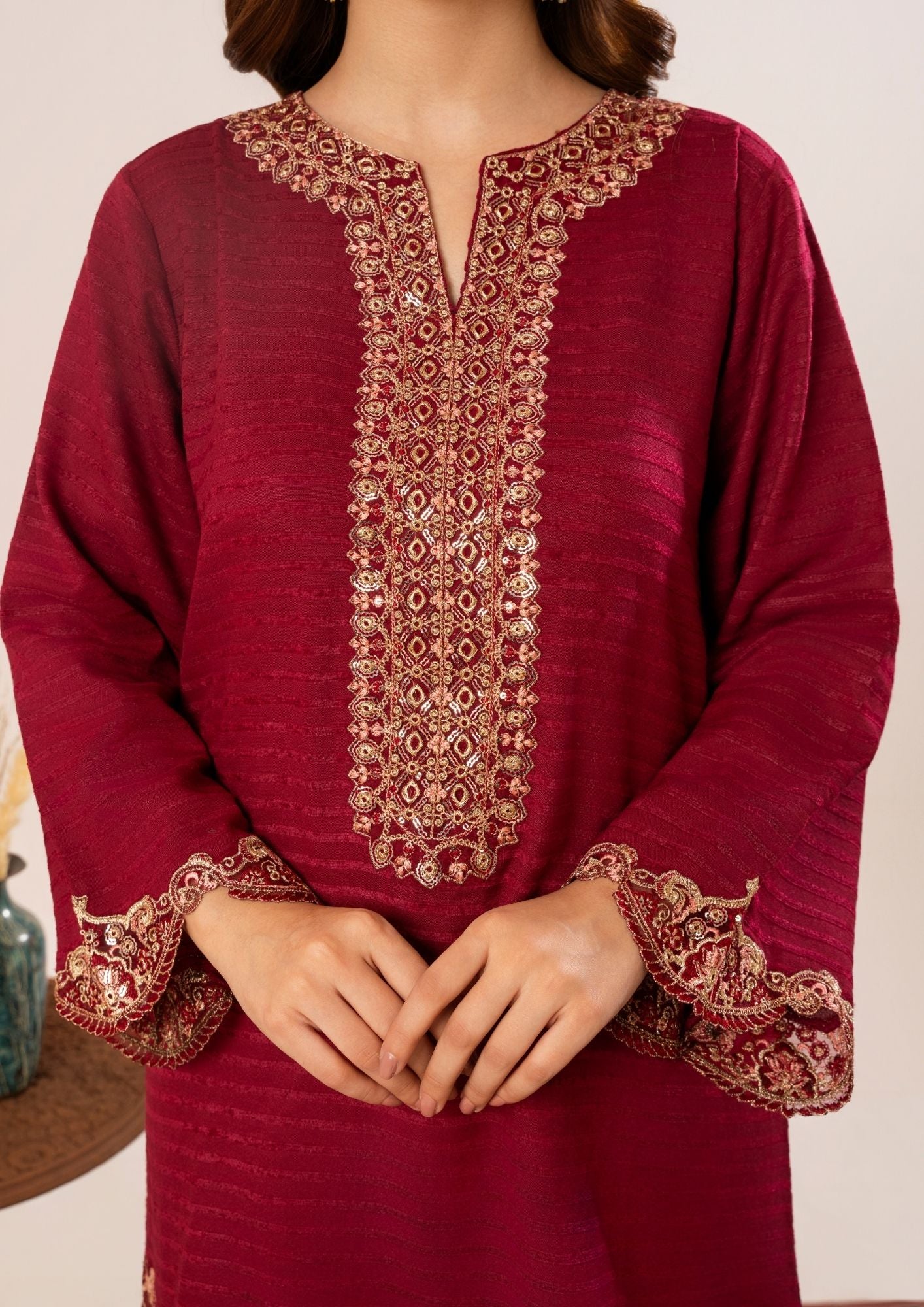 velvet jacquard Kurta Set in Maroon