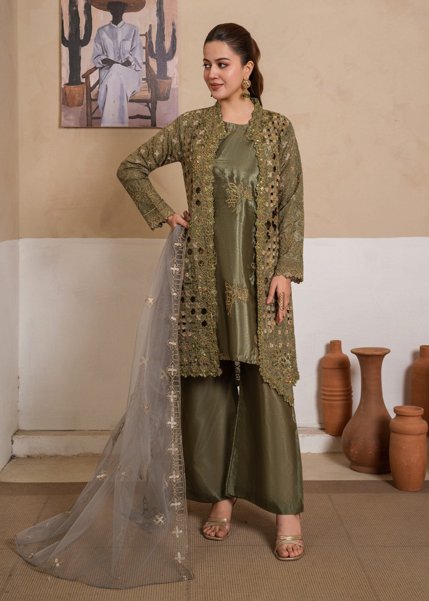 kattan silk Gown in Olive green