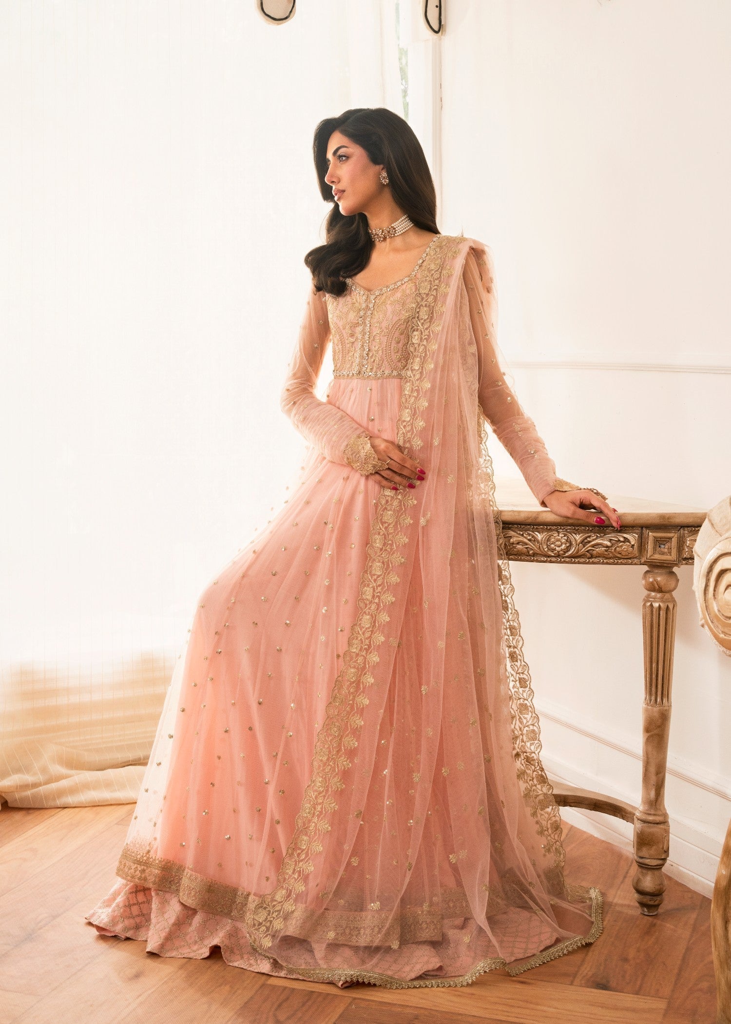 net Pishwas in Peach pink