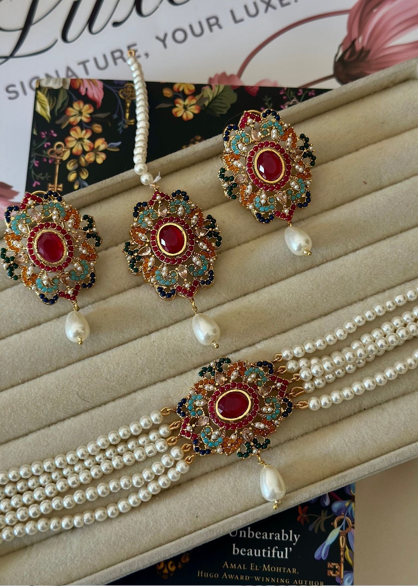 Choker in Multi, ruby red Color by - Trendy Women Choker XLJ3002