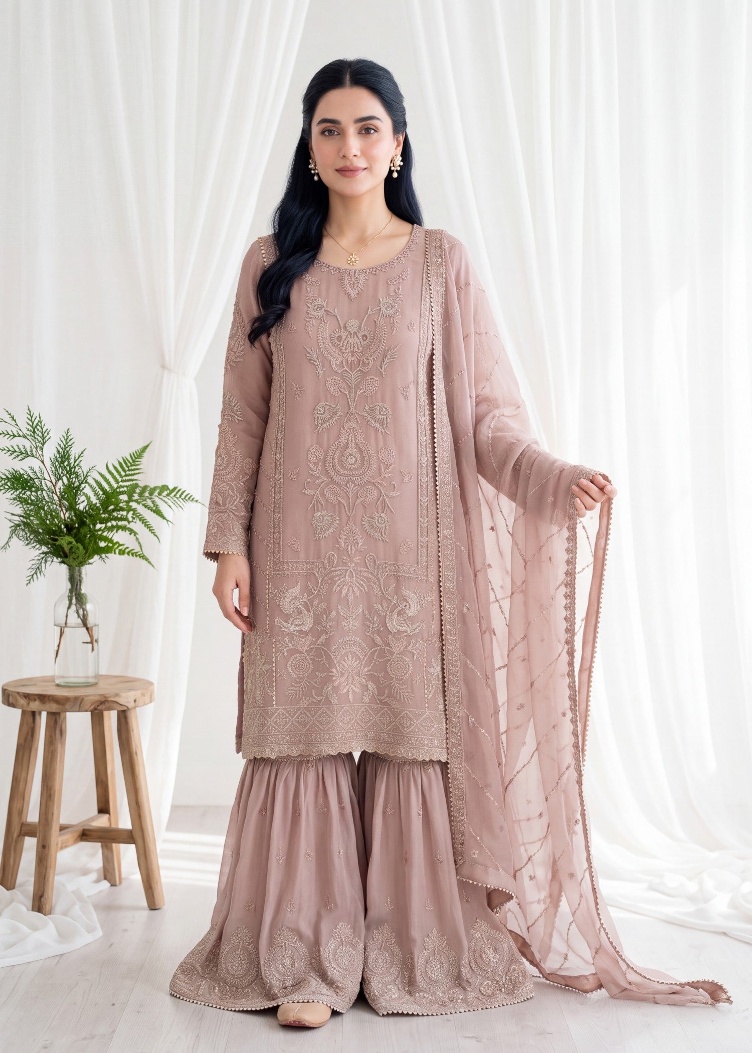 pk crinkle chiffon Gharara in Rose pink