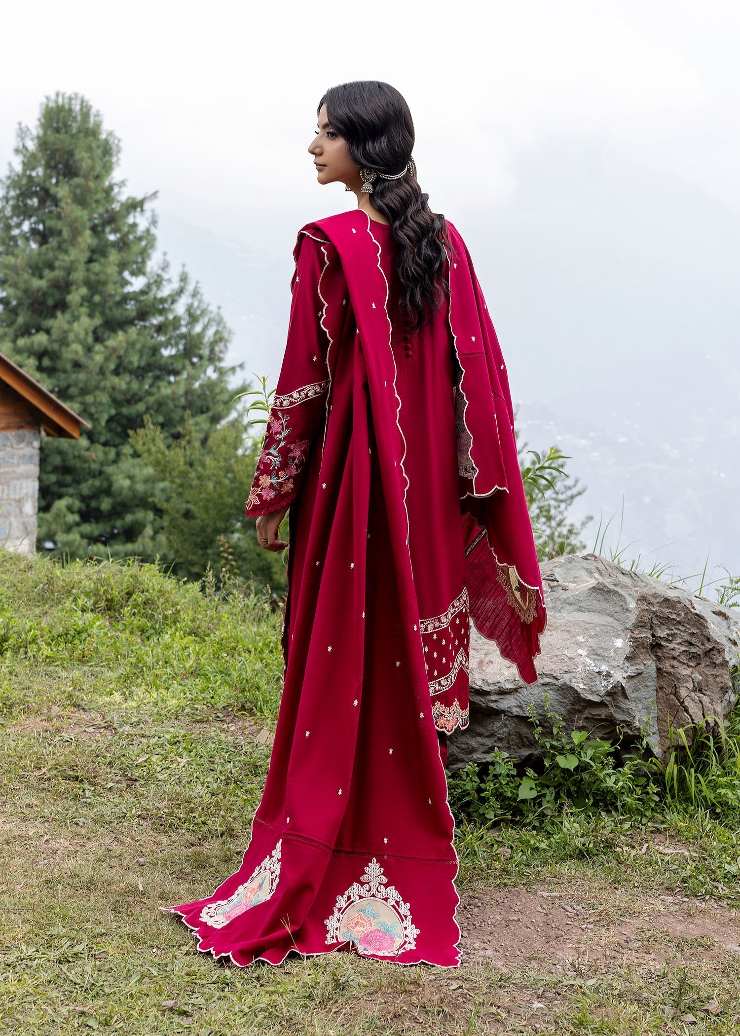 khaddar Kurta Set in Hot pink red