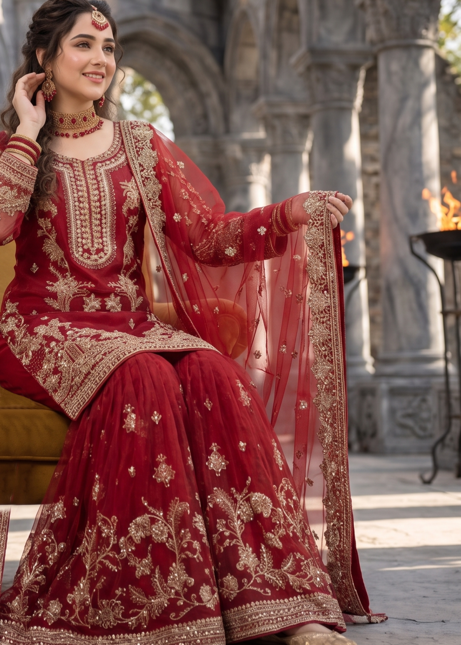 organza Gharara in Crimson