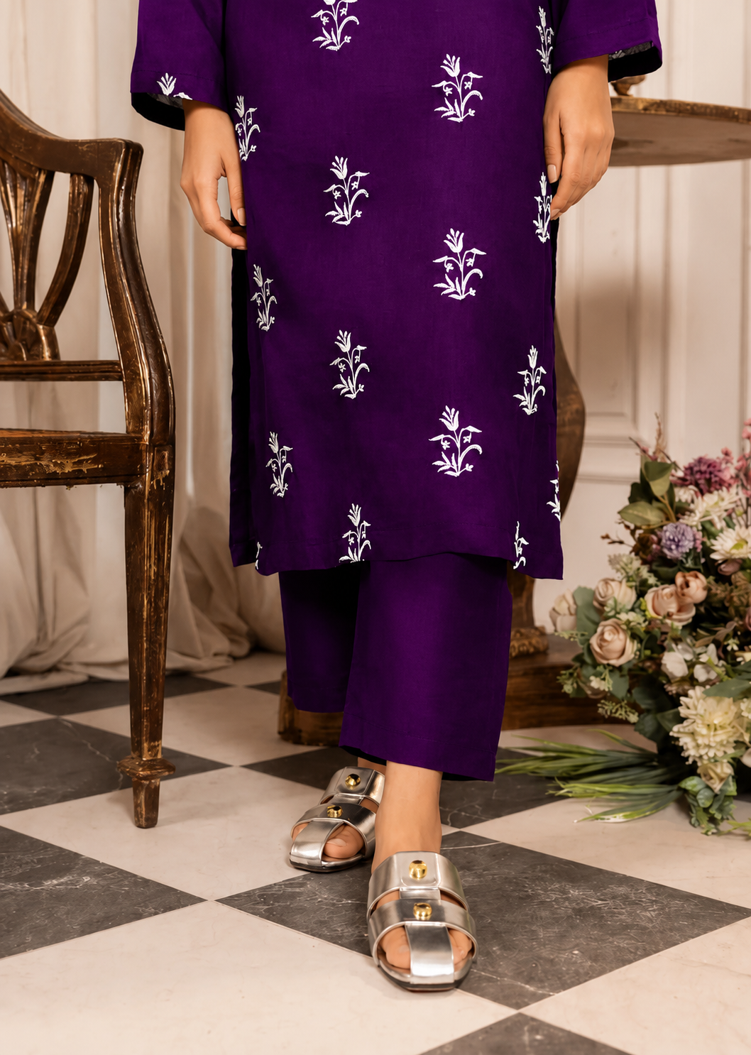 linen Kurta Set in Deep purple