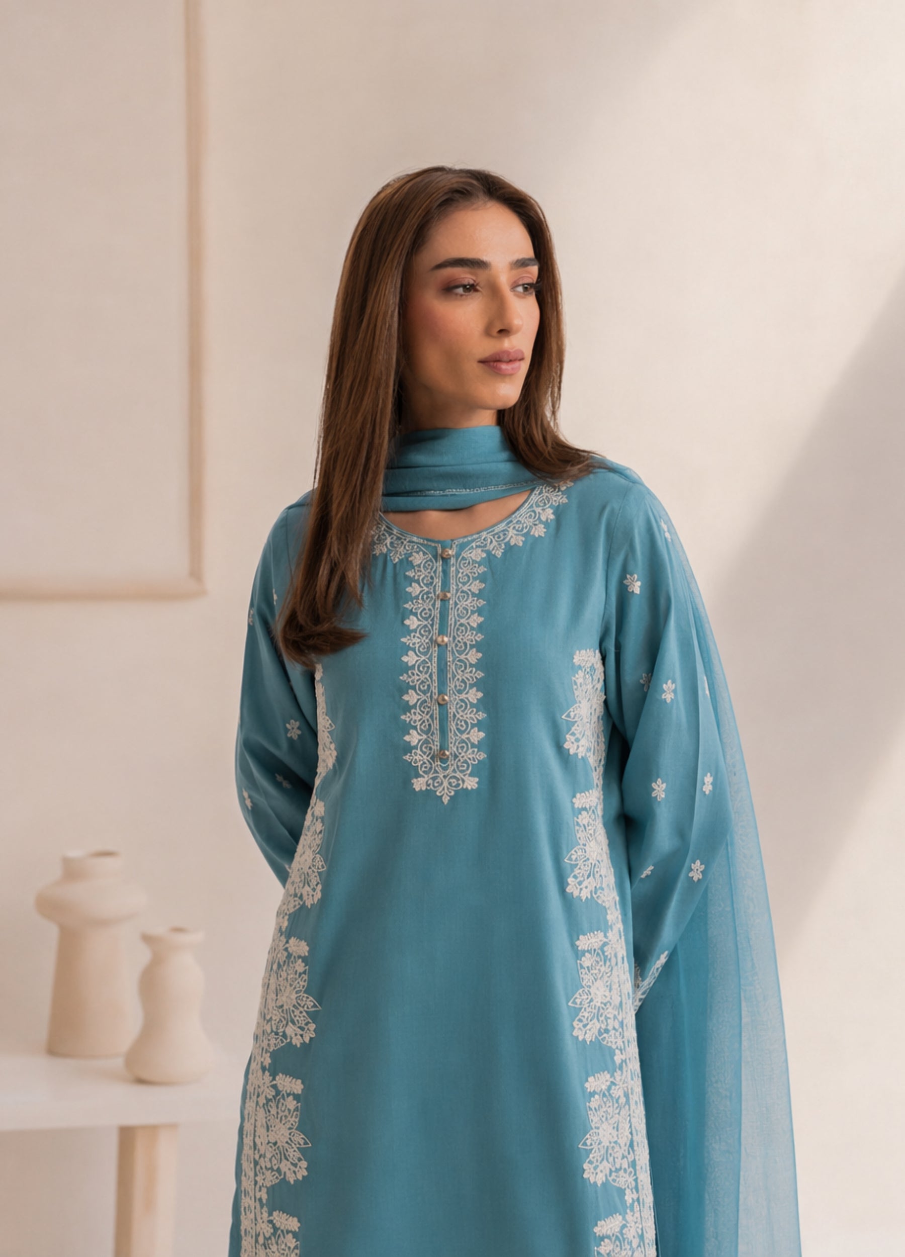 linen Kurta Set in Pacific blue