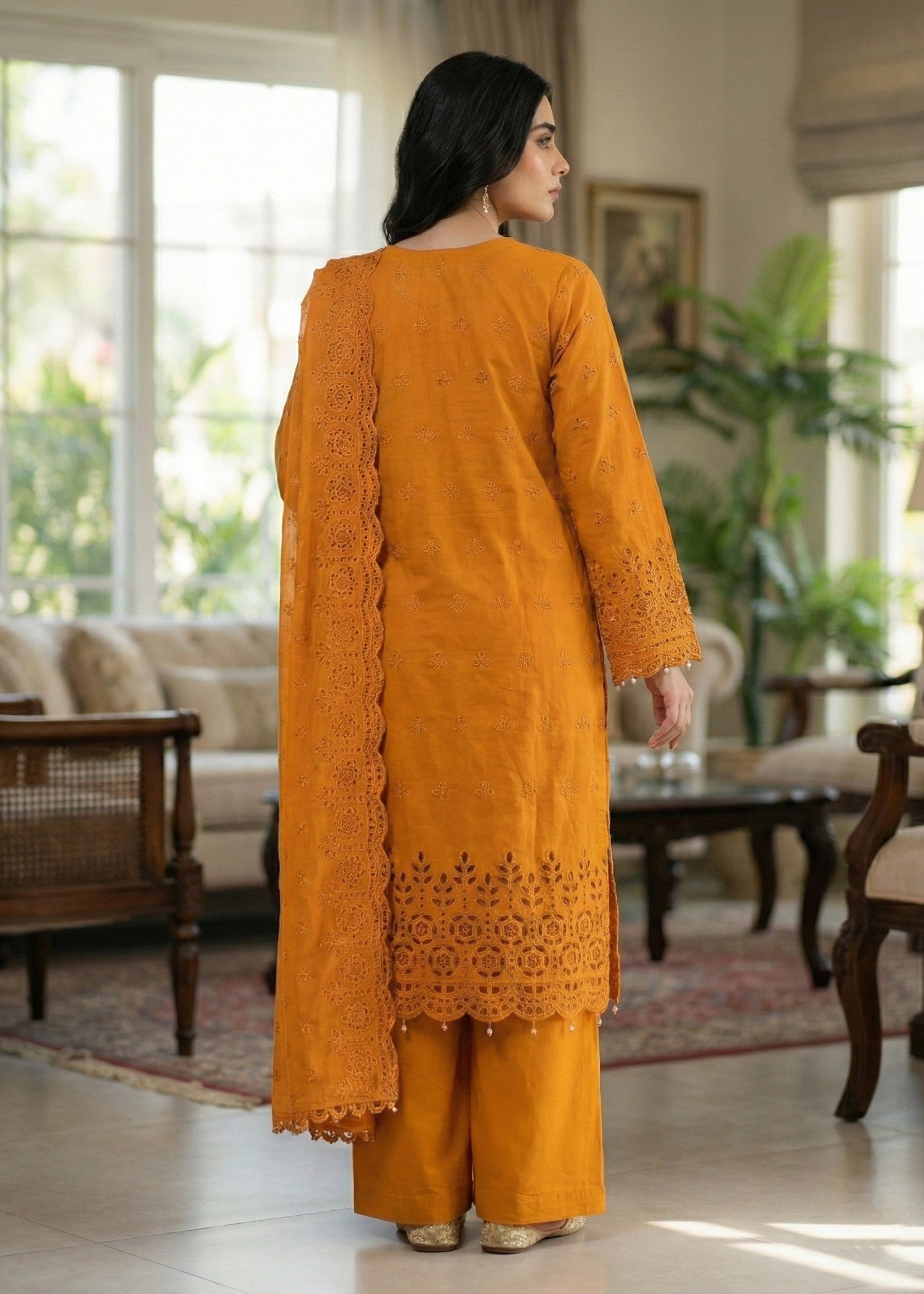 chikankari cotton Kurta Set in Mustard