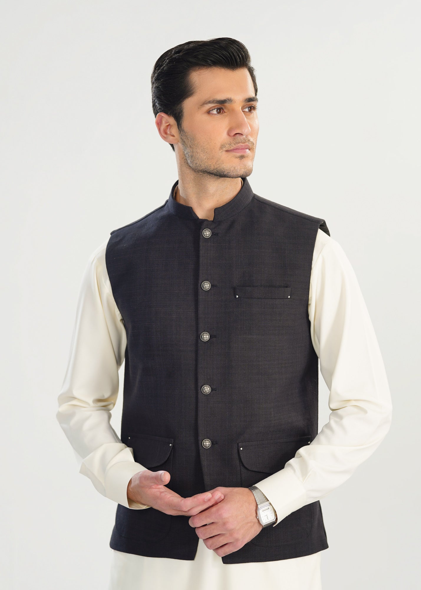 handwoven khaddar Waistcoat in Black