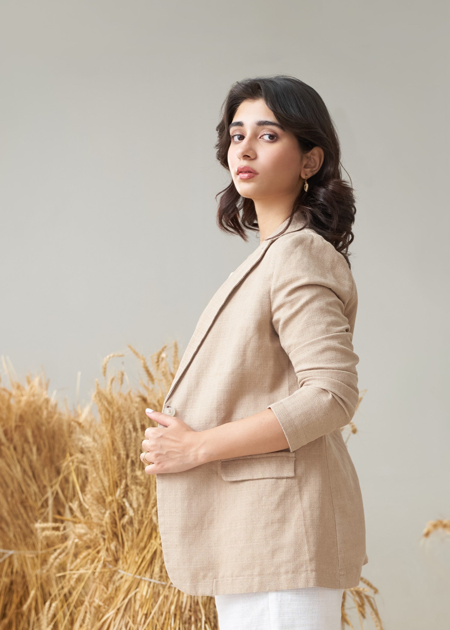 injected slub Blazer in Khaki brown