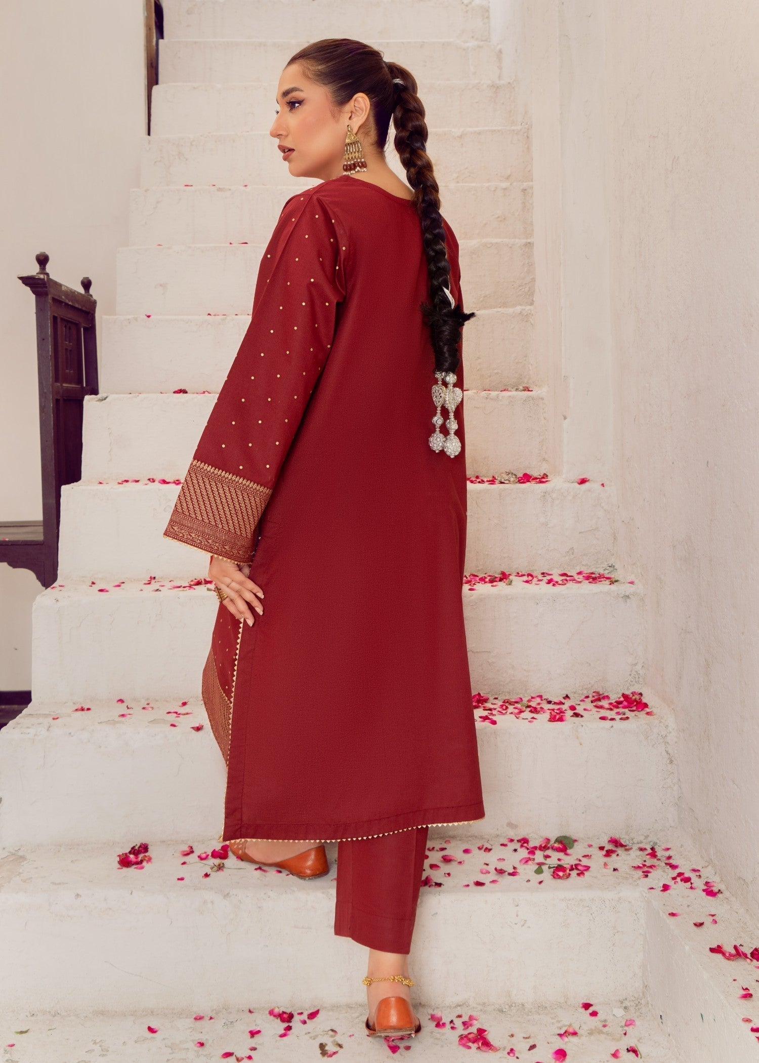 slub lawn Kurta Set in Maroon