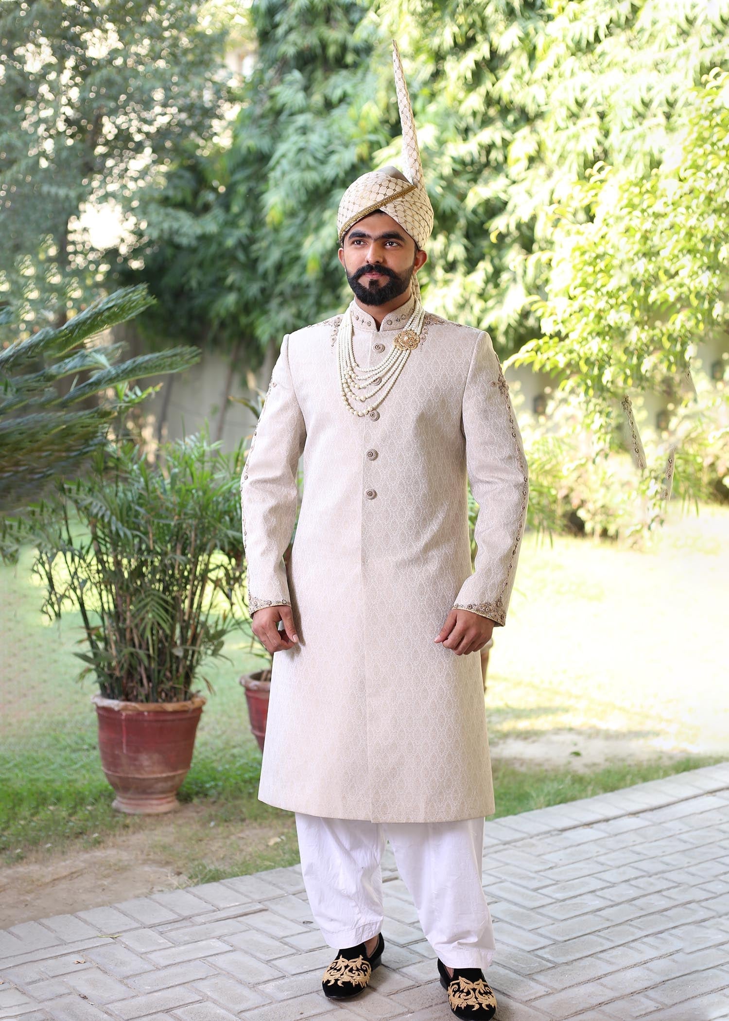 jamawar Sherwani in Cream