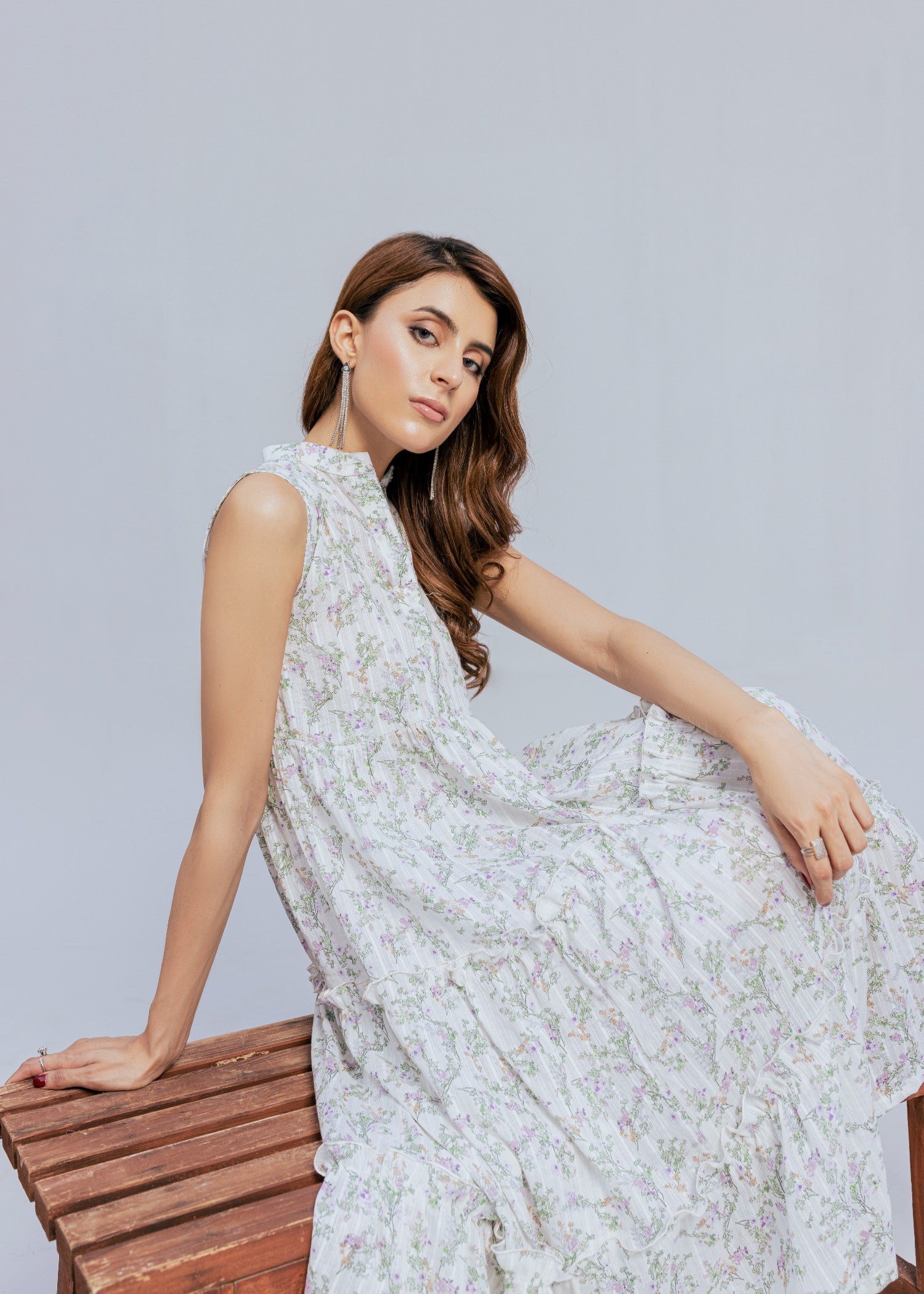 textured lawn Dress in White