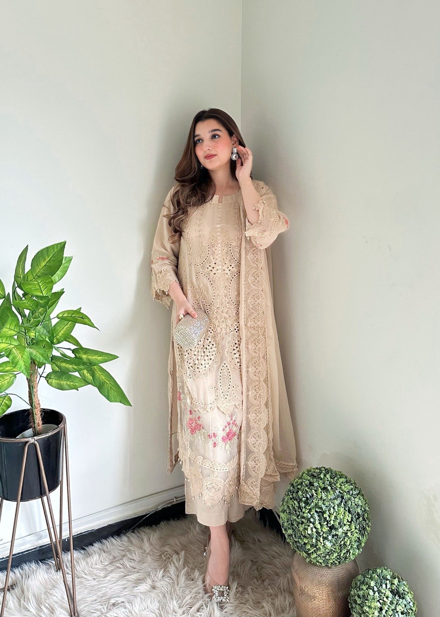chiffon Kurta Set in Tan brown