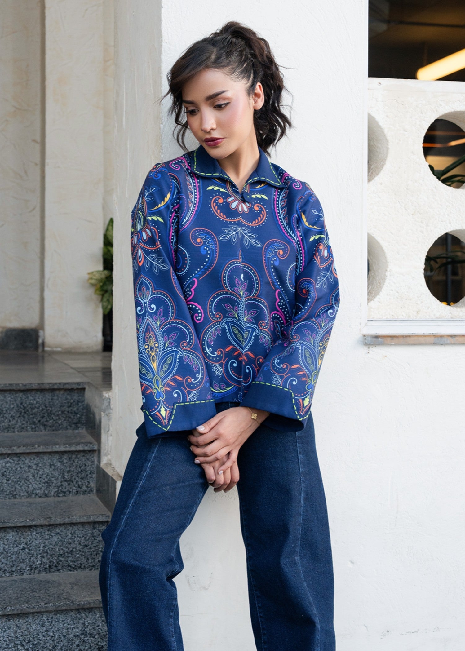 slub khaddar Jacket in Blue
