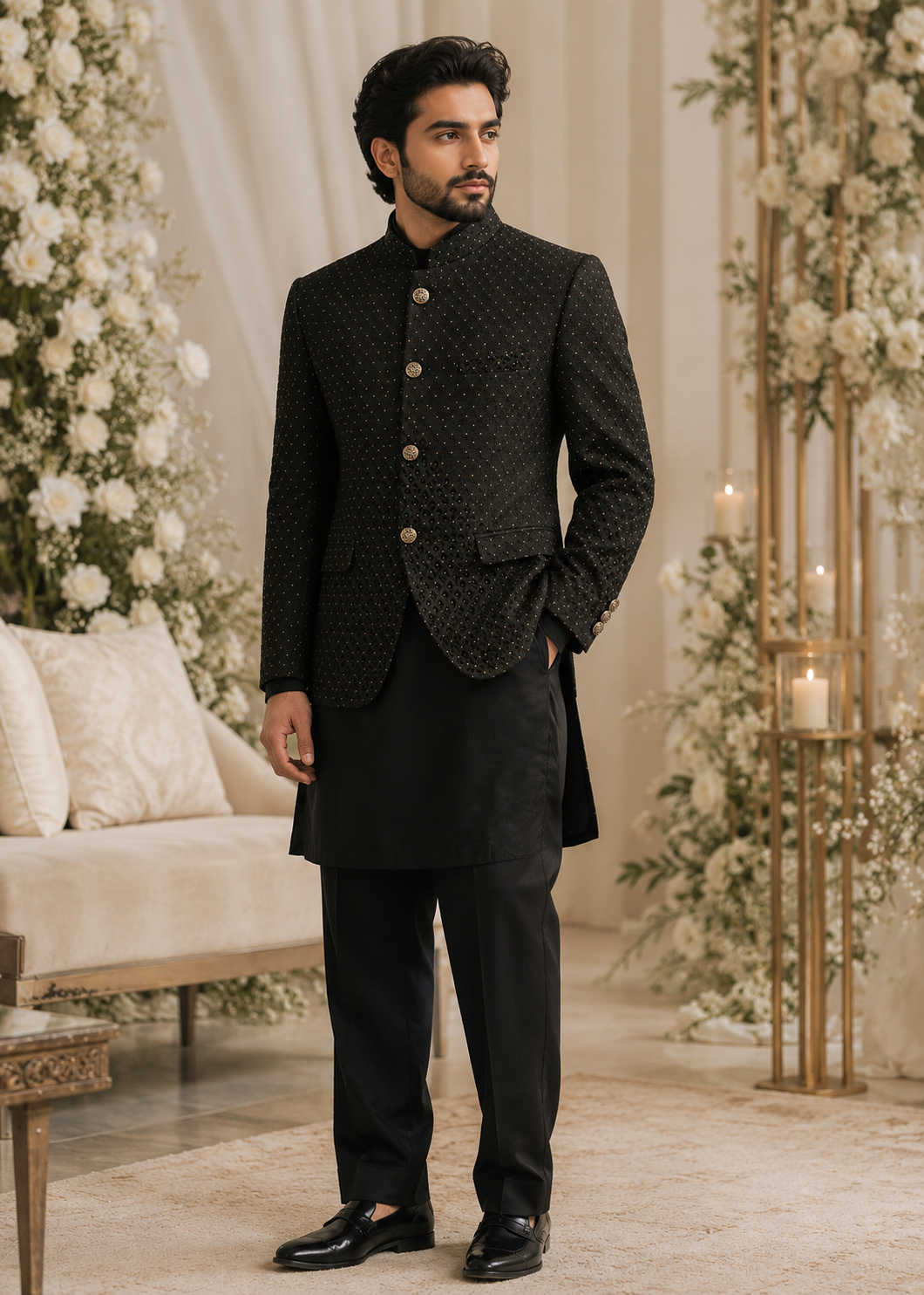 jamawar Prince Coat in Black by Dress Designers