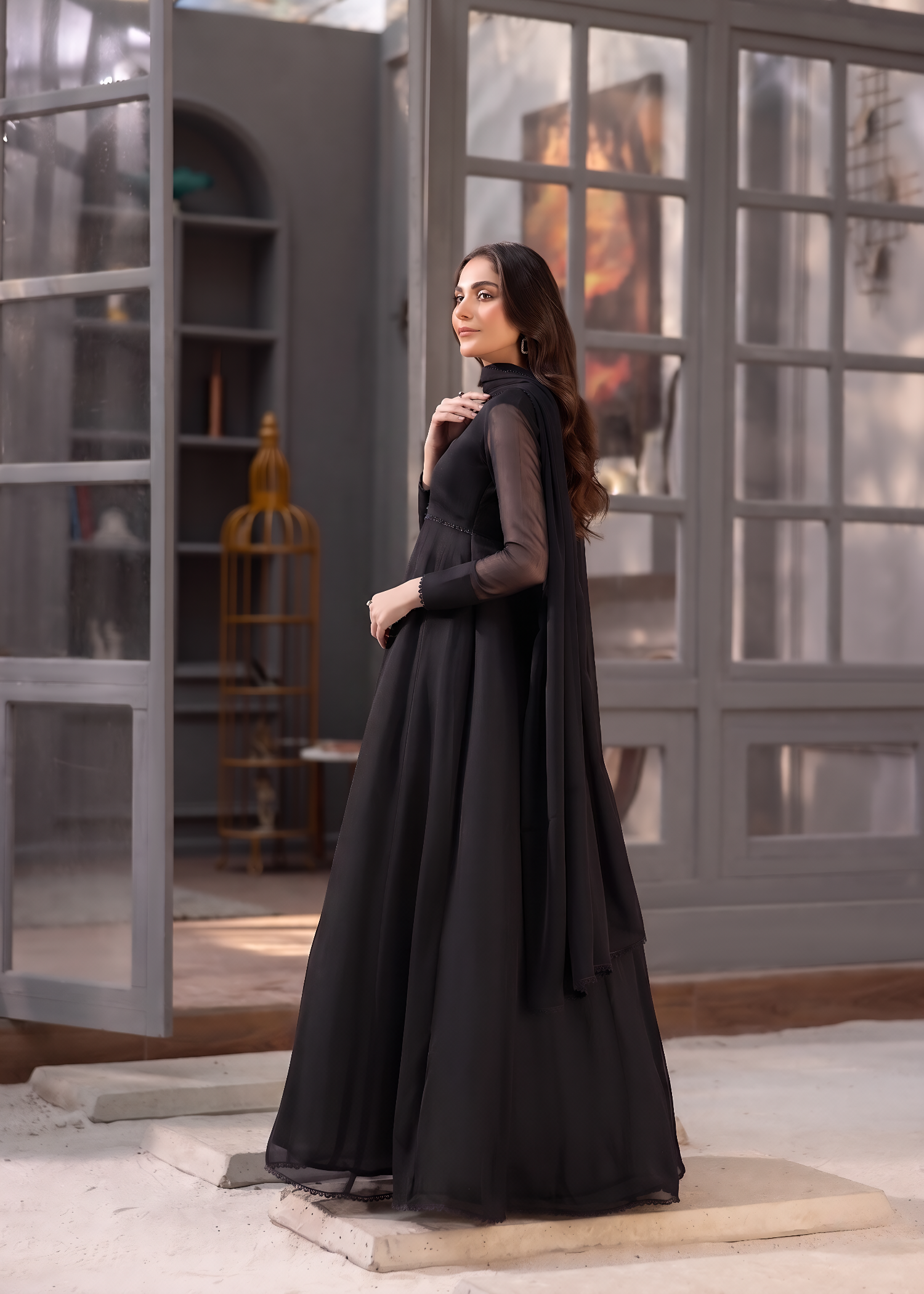 bemberg crinkle chiffon Maxi in Black
