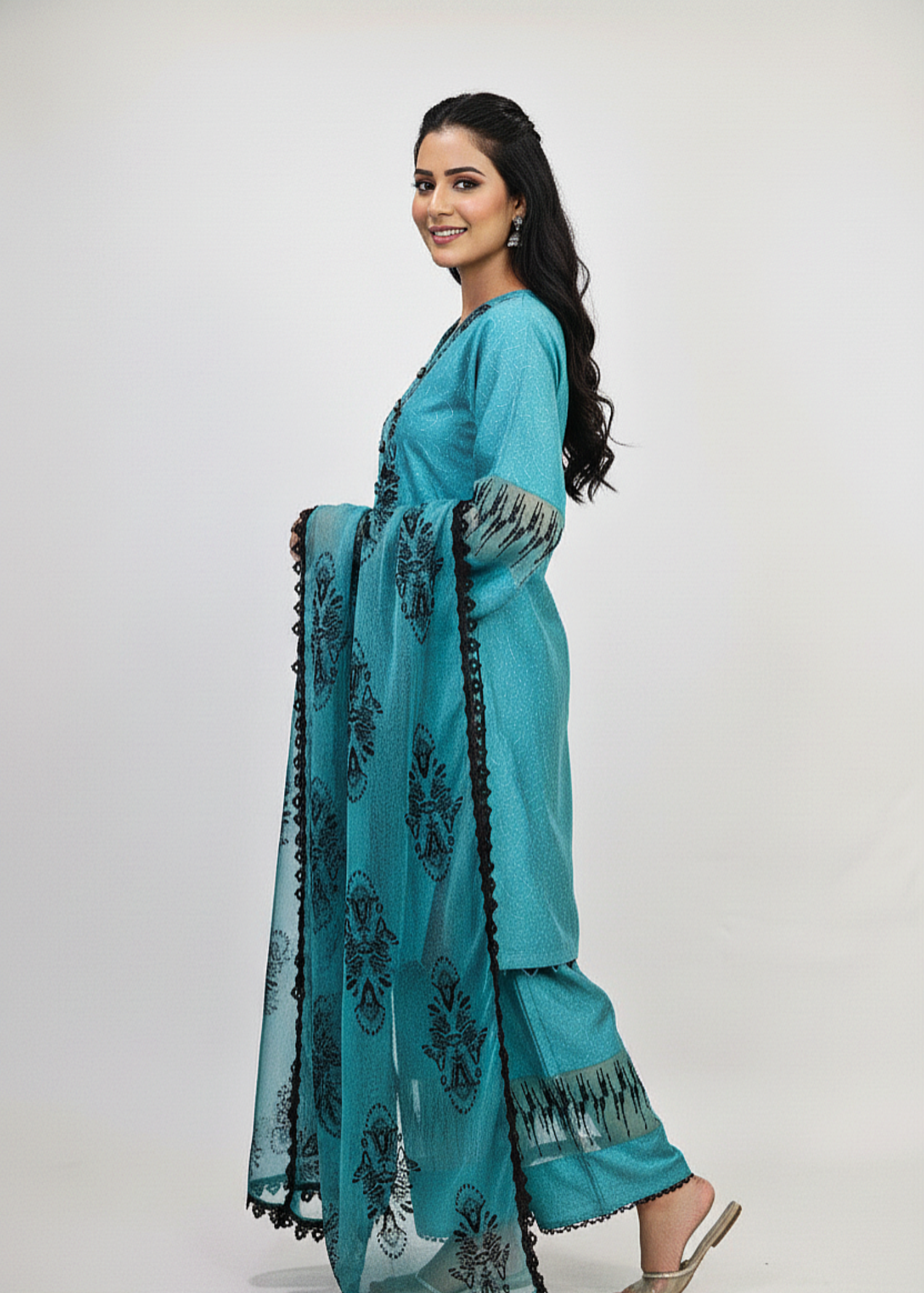 chikankari cotton Kurta Set in Dark cyan