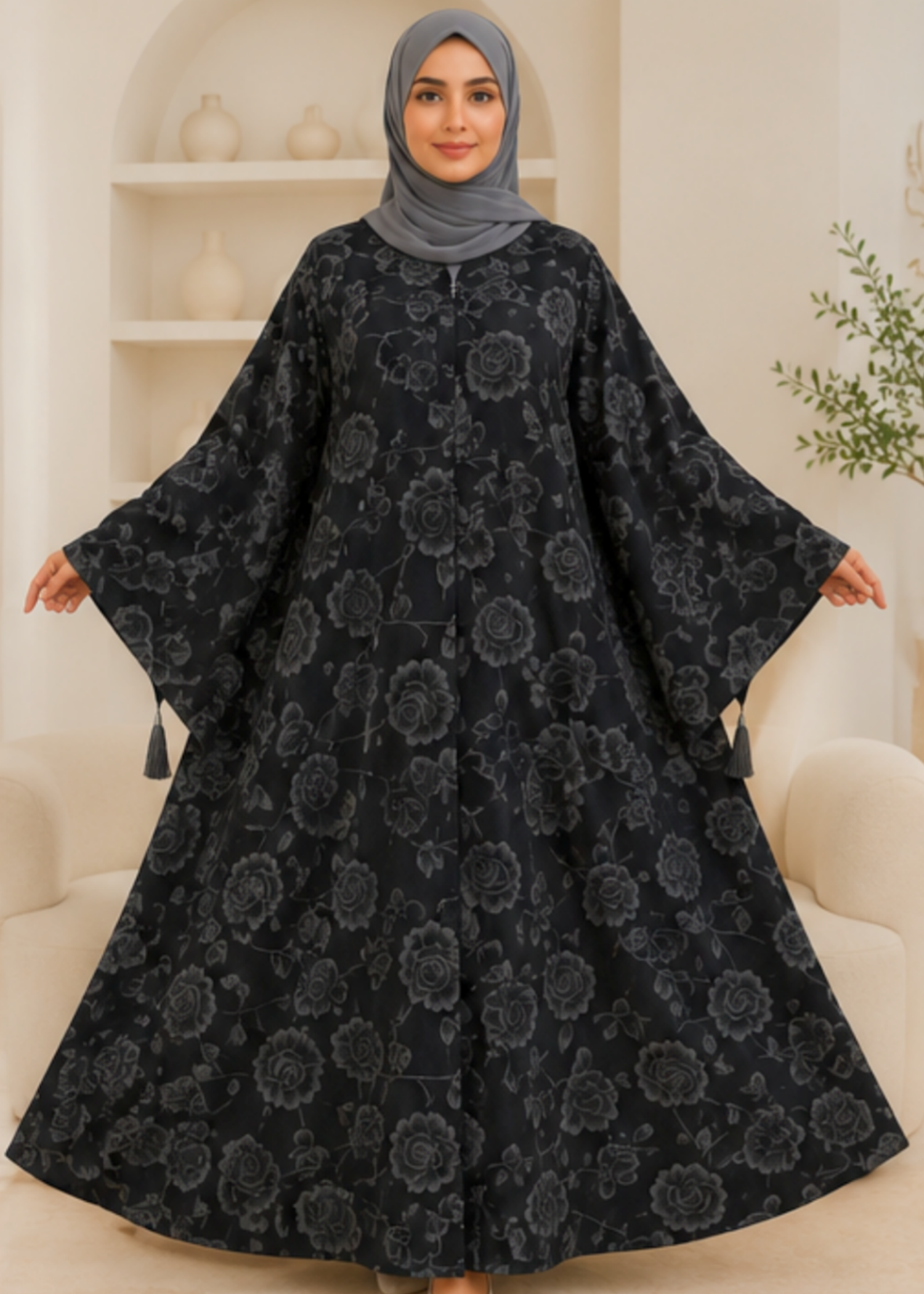 nidha Abaya in Jet black, grey, cool grey