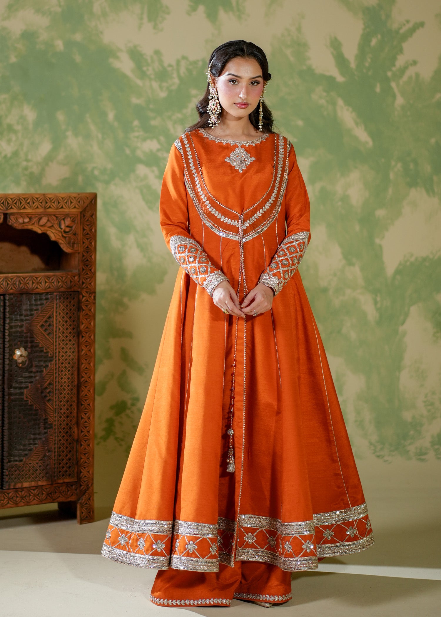 raw silk Pishwas in Rust orange, rust red