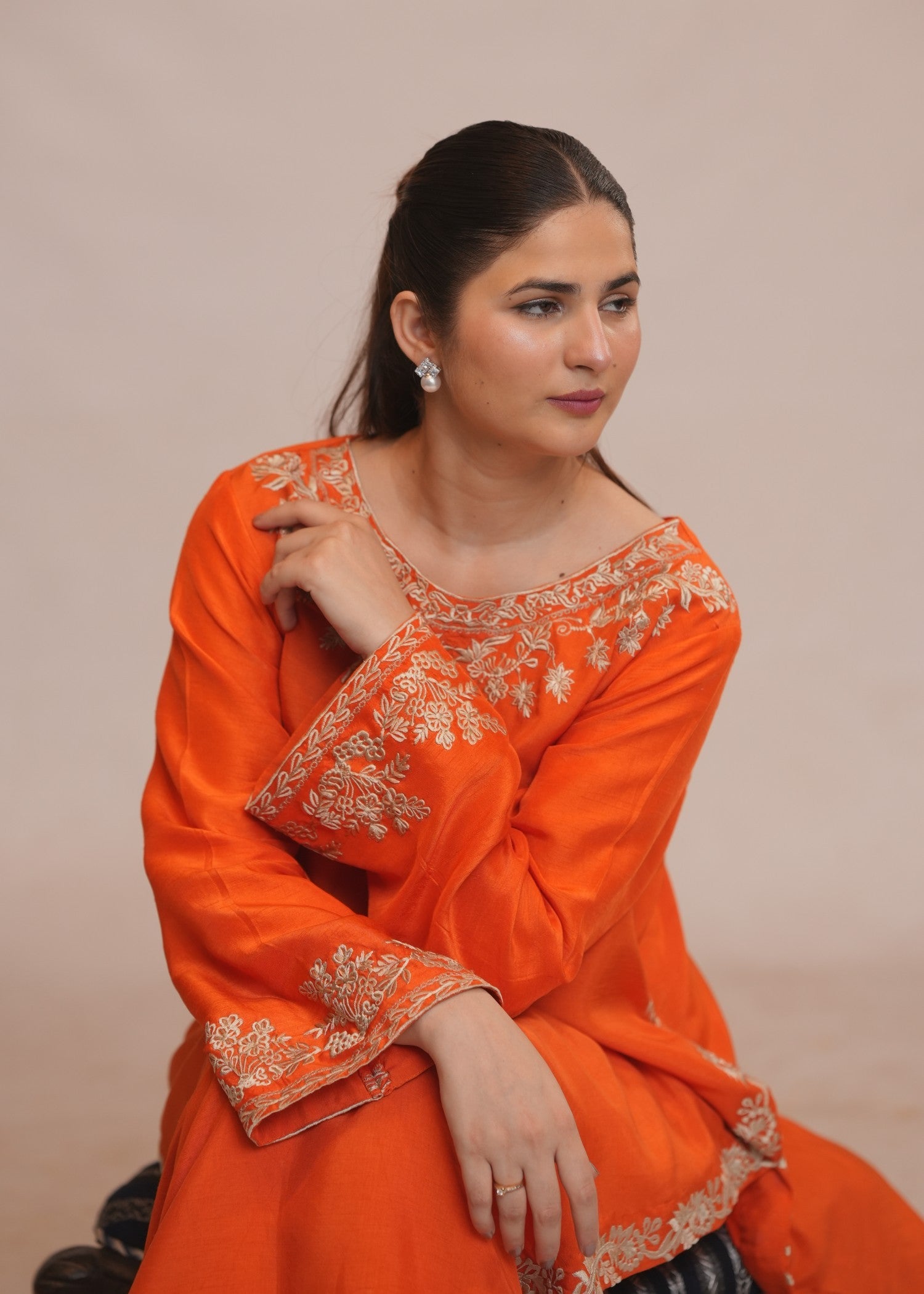 raw silk Kurta Set in Sunset orange