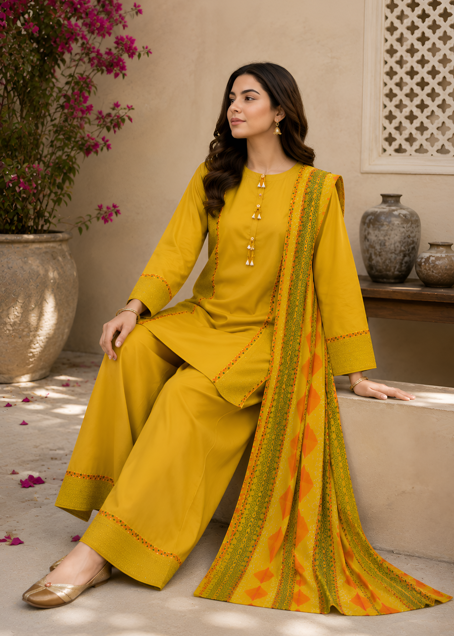 lawn Kurta Set in Yellow
