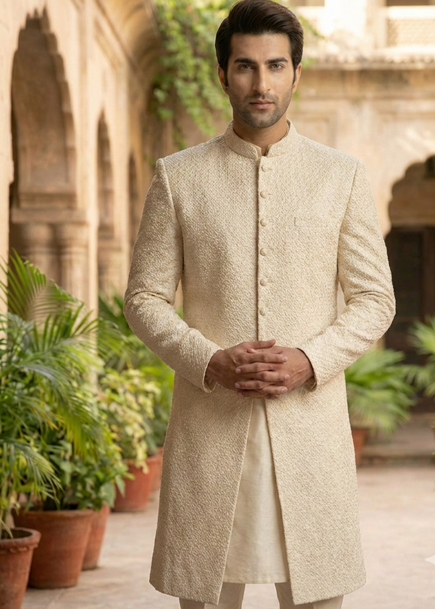 silk Sherwani in White, gold, ivory