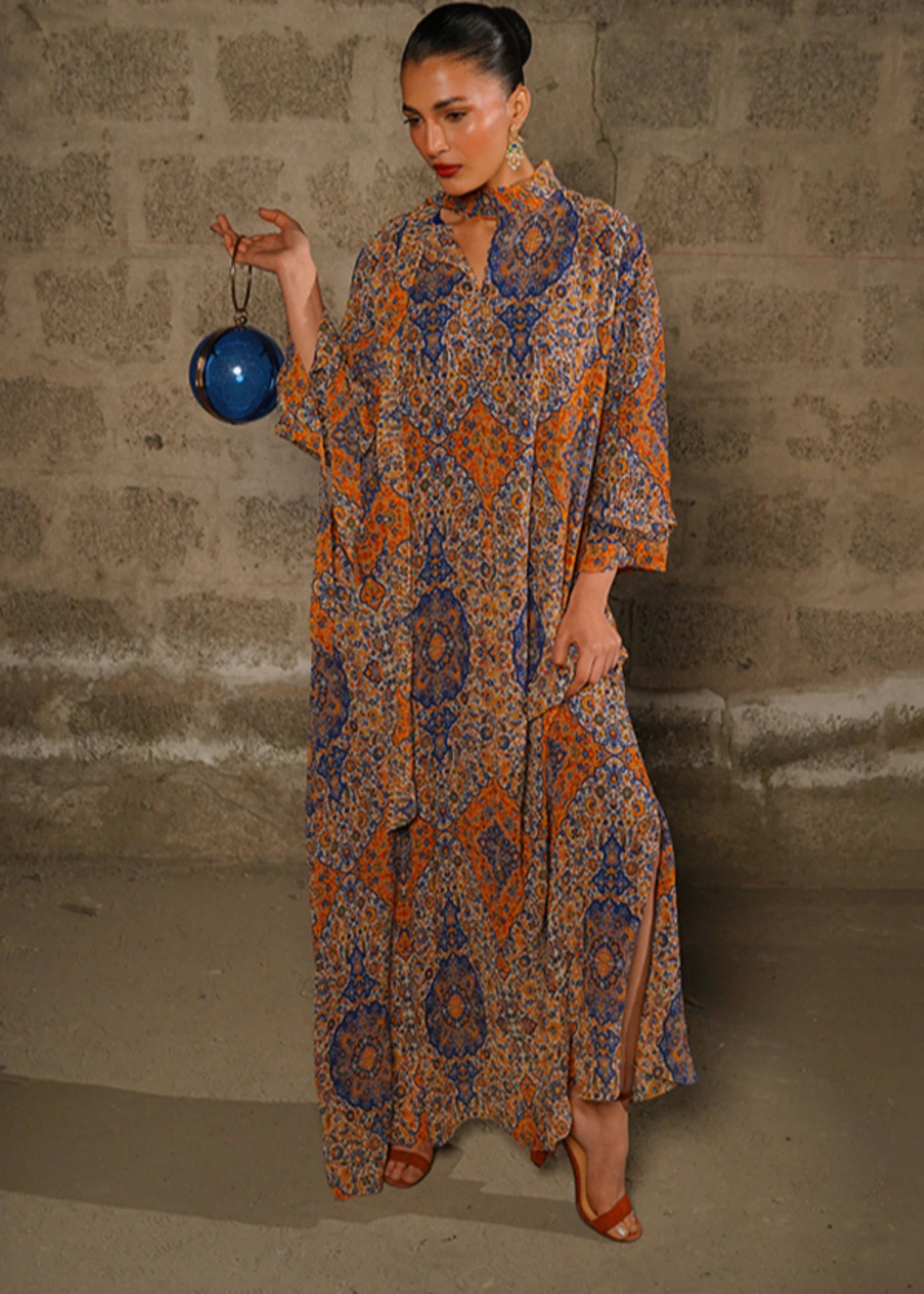 crinkle chiffon Kaftan in Burnt orange
