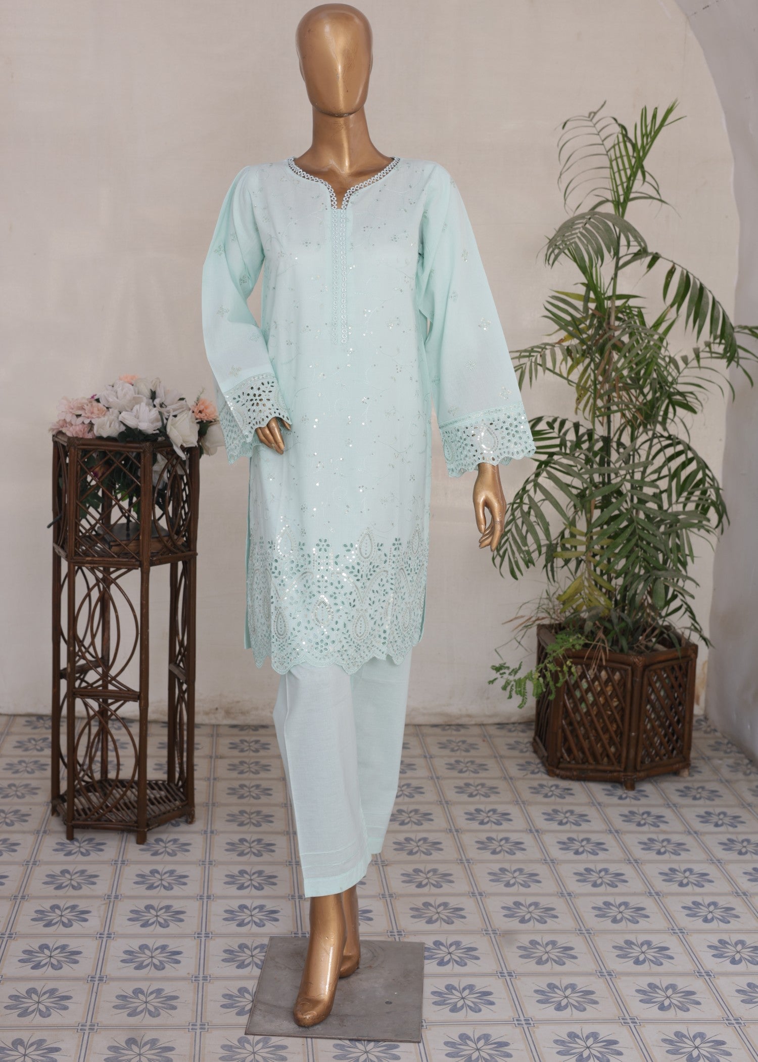 cambric Kurta Set in Light cyan