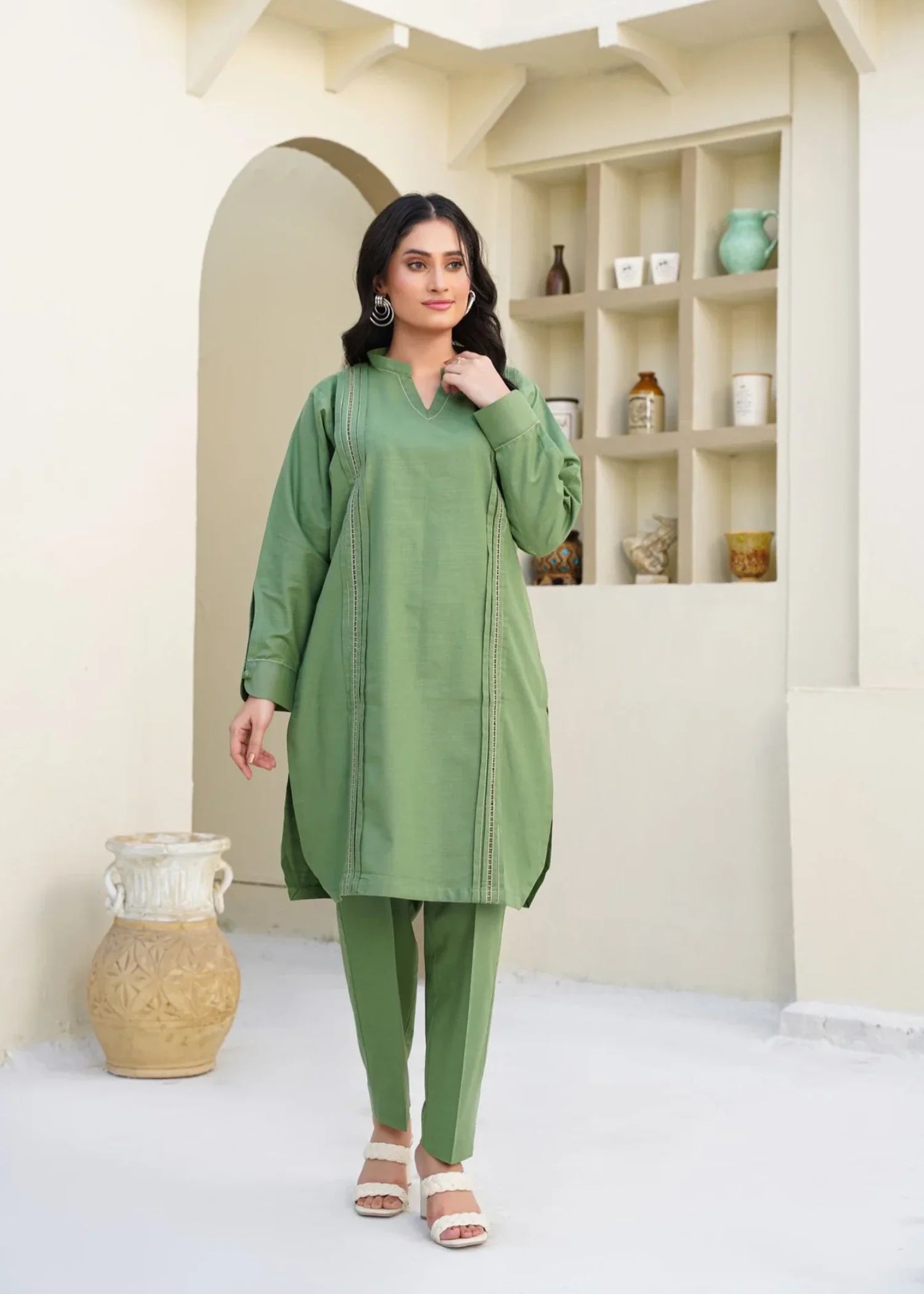 slub khaddar Kurta Set in Sage green
