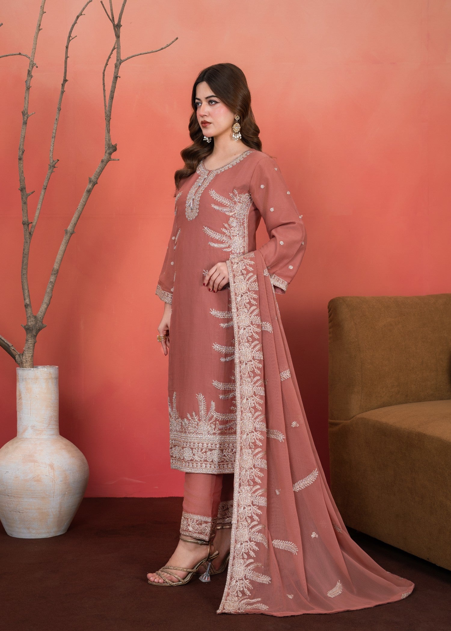 chiffon Kurta Set in Melon pink