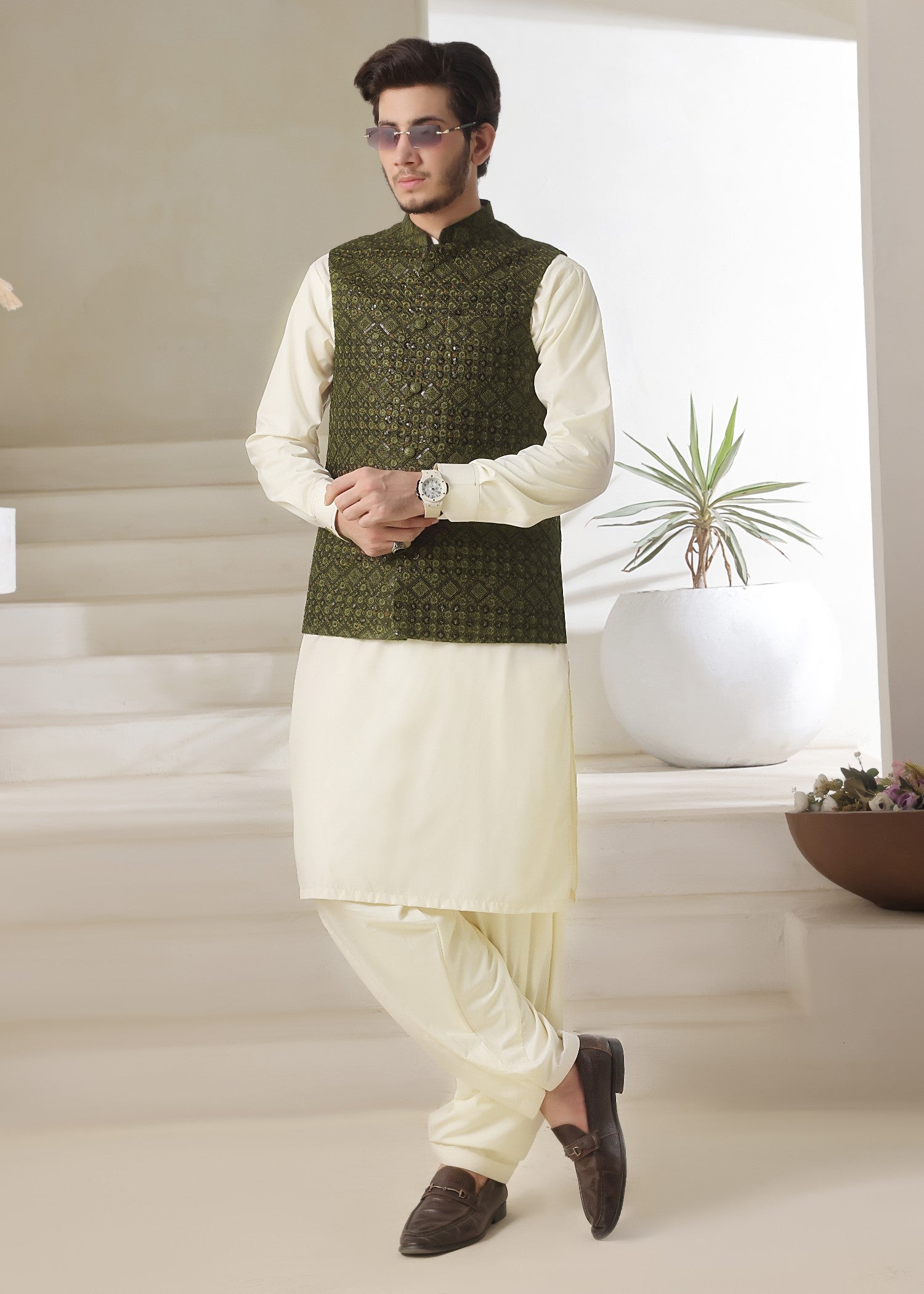 jamawar Waistcoat in Olive green