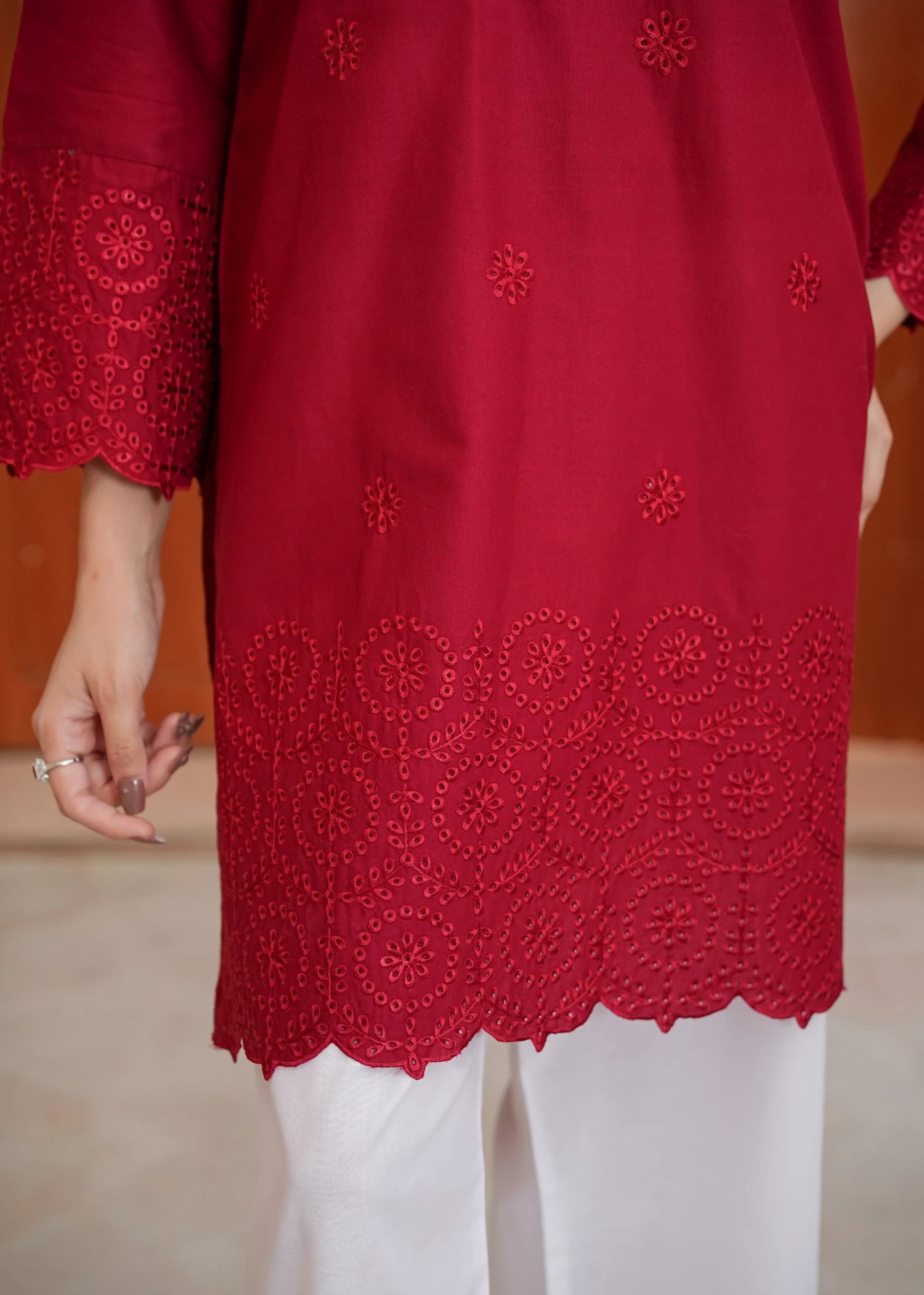 lawn Kurta Set in White, maroon