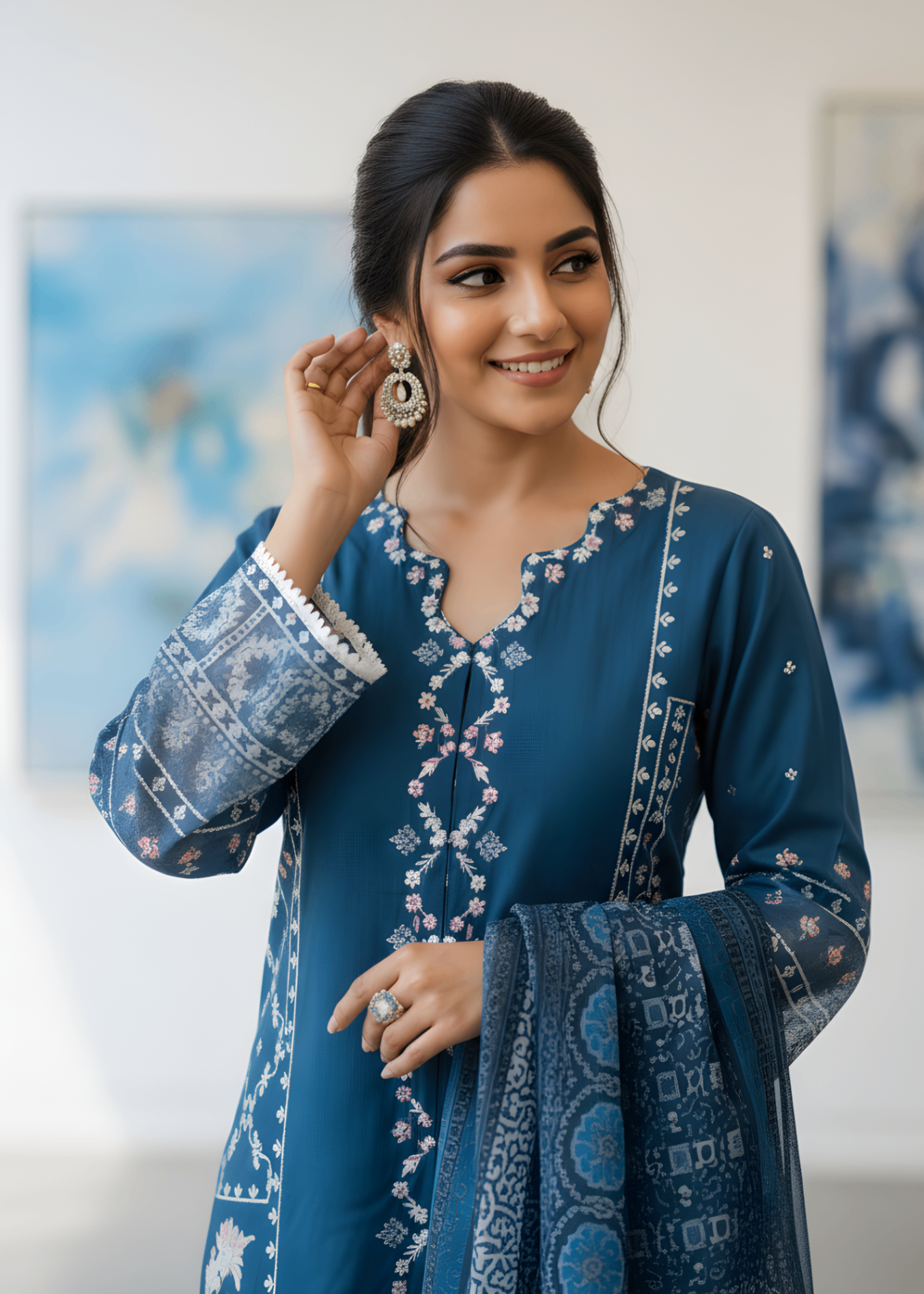 crepe Kurta Set in Royal blue