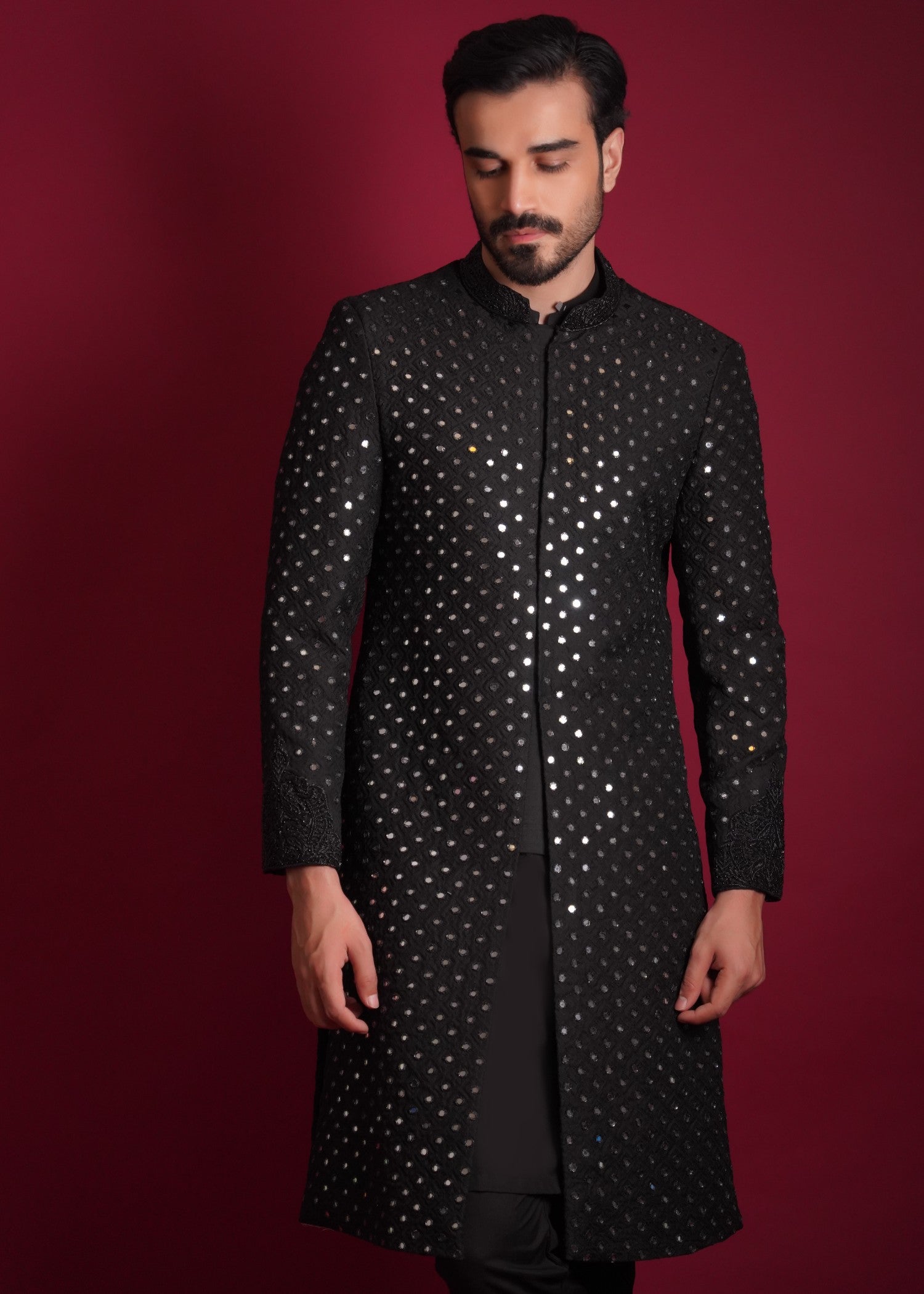 korean raw silk Sherwani in Black