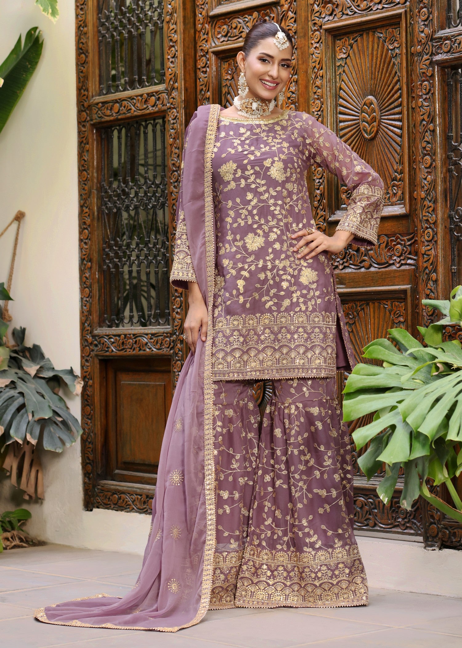 chiffon Gharara in Lilac