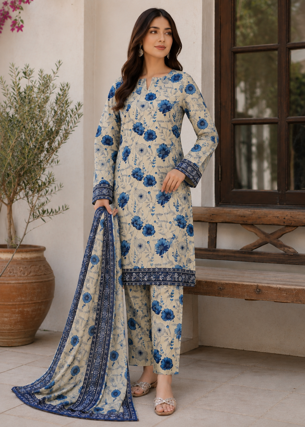 cotton Unstitched in Beige, blue