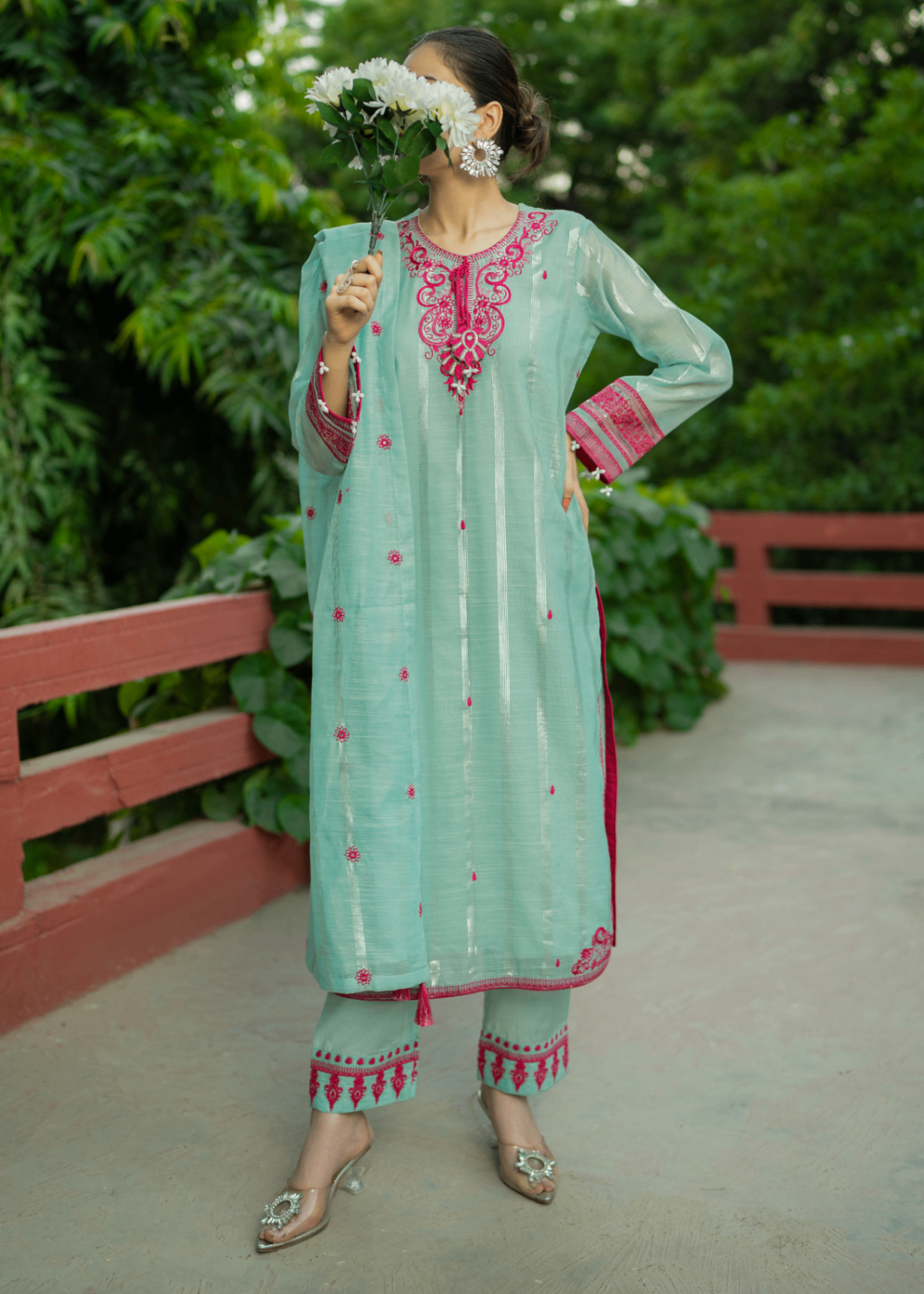 zari organza Kurta Set in Aquamarine