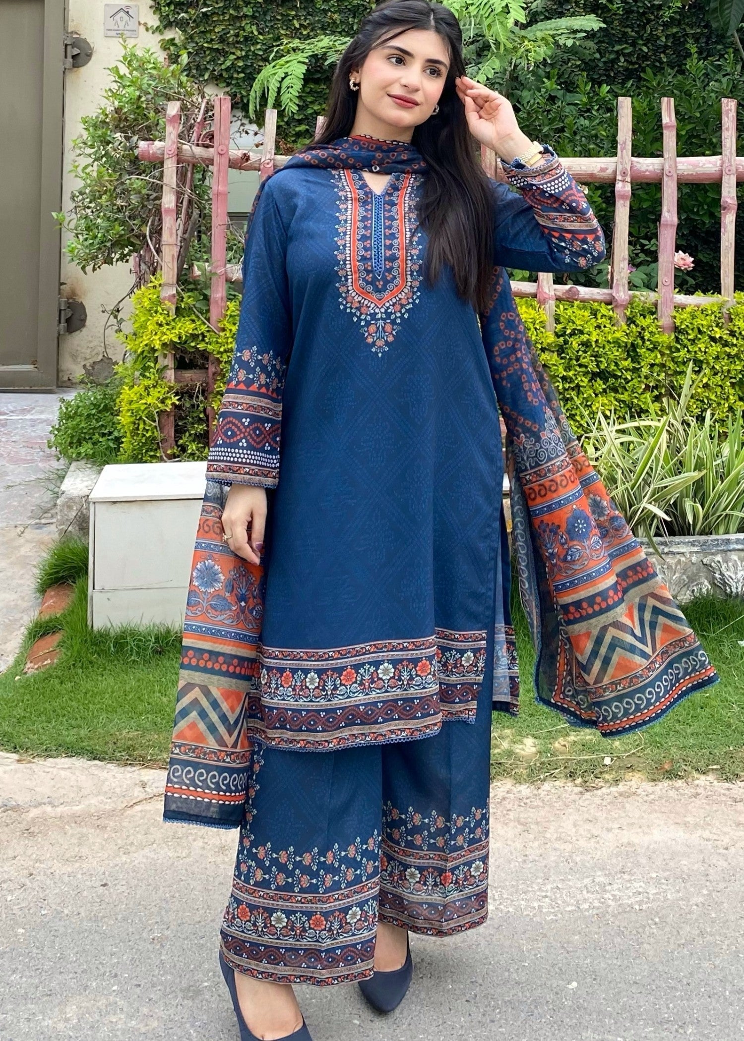 silk finish lawn Kurta Set in Blue