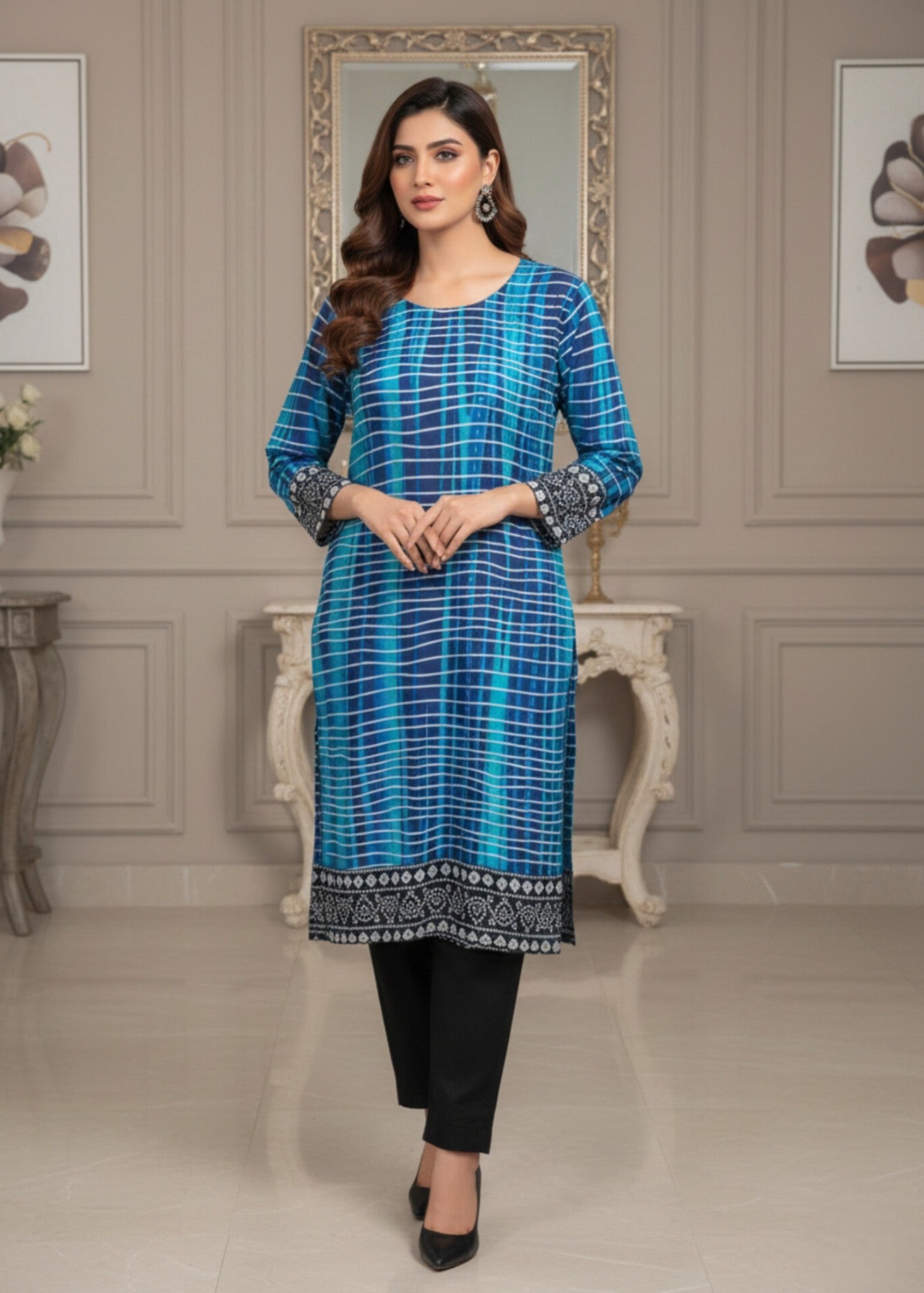 linen Kurta Set in Aquamarine, black, navy blue