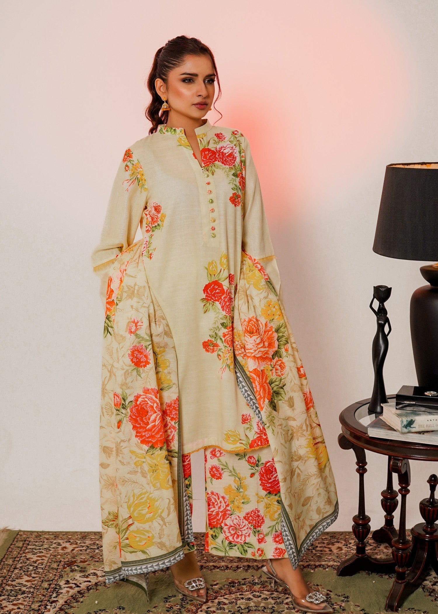 khaddar Kurta Set in Lemon chiffon