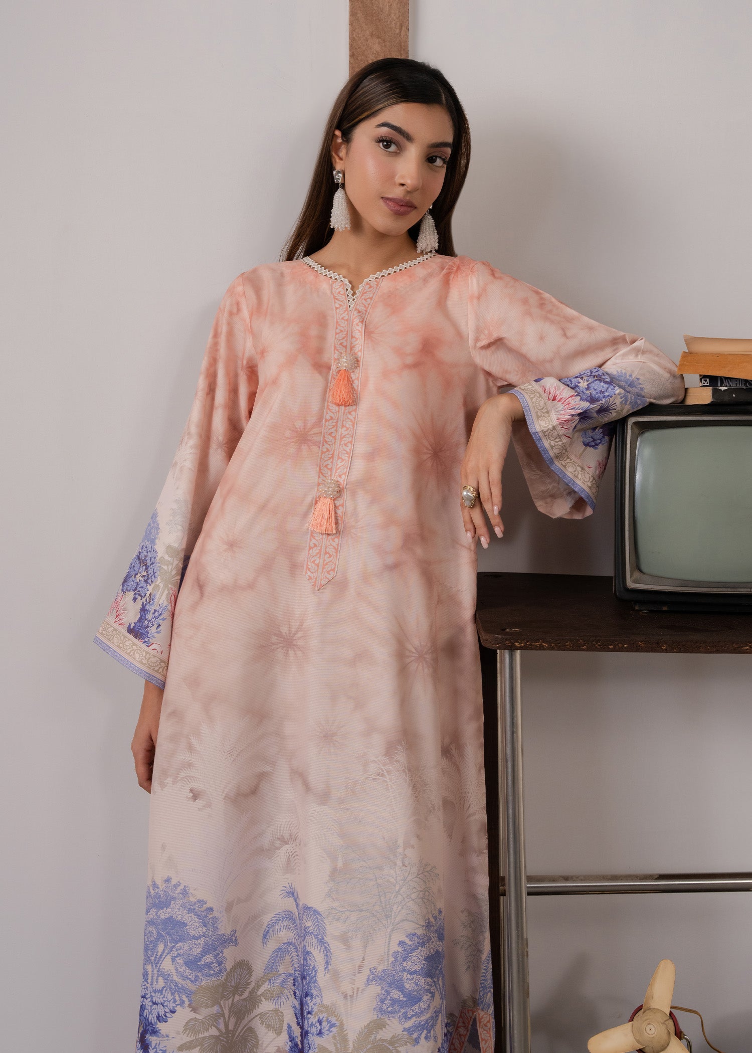 slub lawn Kaftan in Peach pink