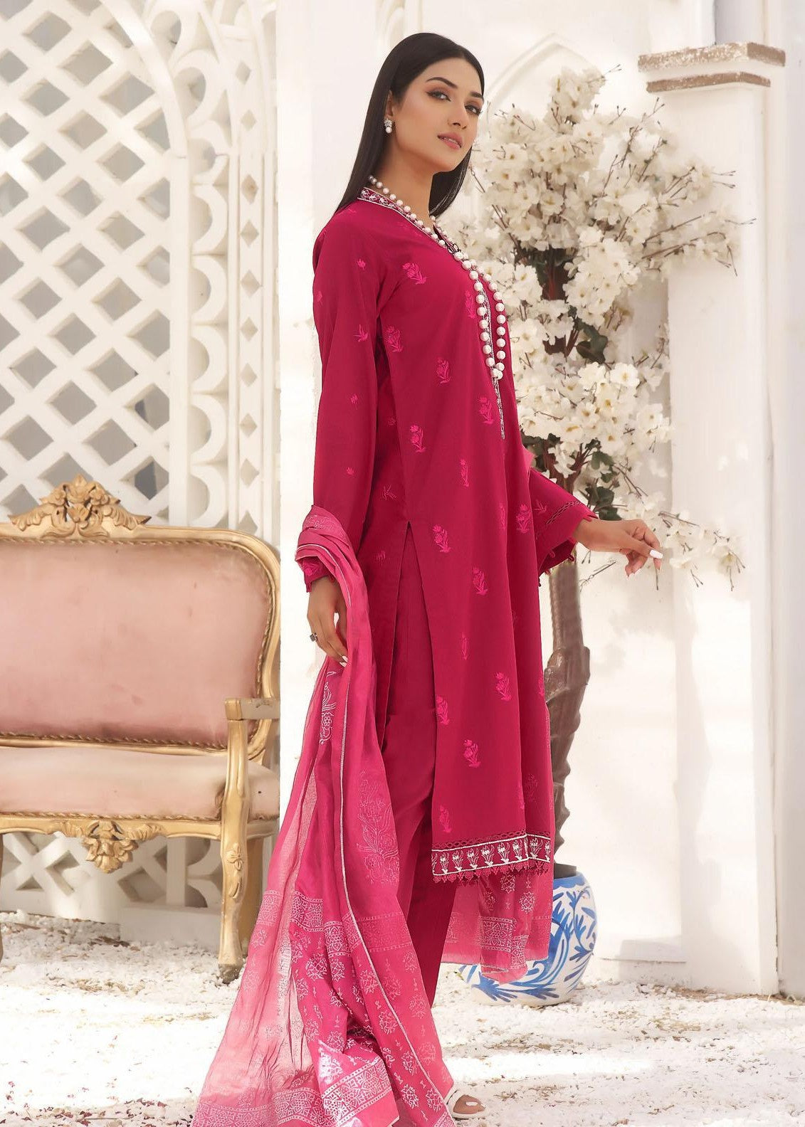 cotton Kurta Set in Fuchsia