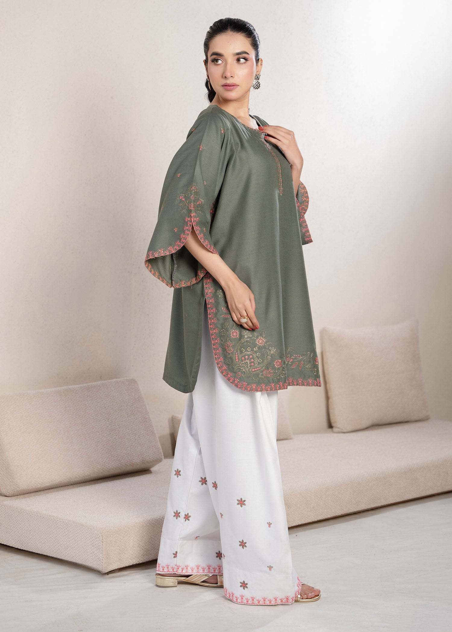 wool viscose Kurta Set in Moss green