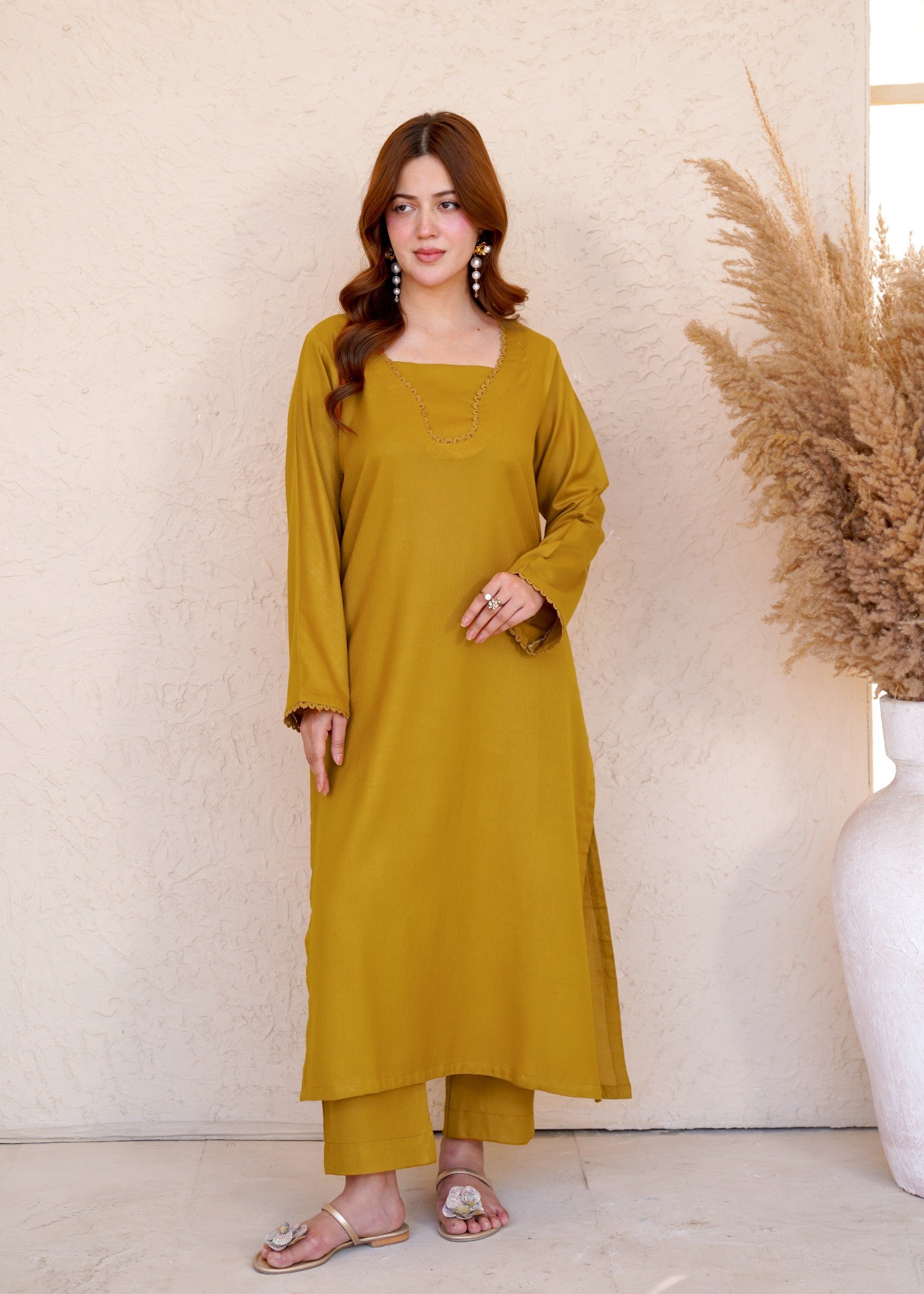 dhanak Kurta Set in Mustard
